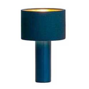 A dark blue modern table lamp with a cylindrical base and a cylindrical lampshade, shown on a white background.