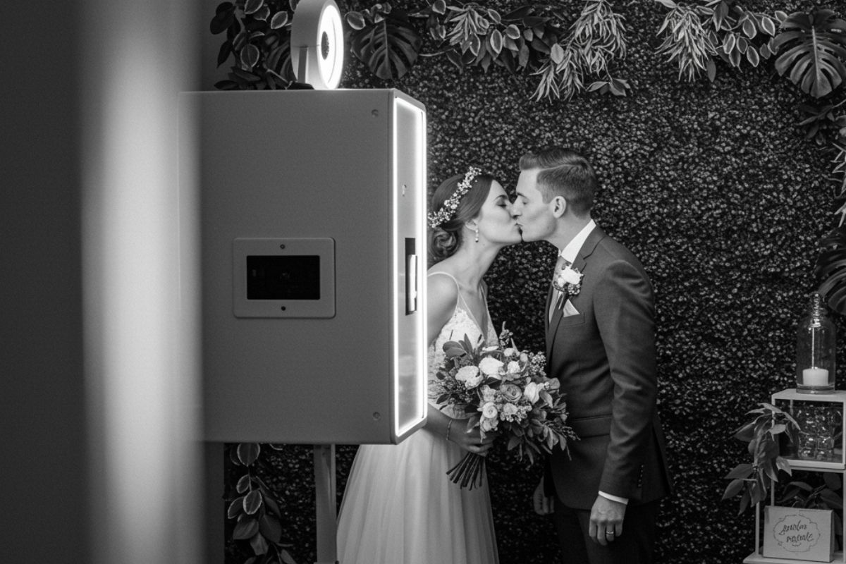 Bride and groom in a photo booth.
