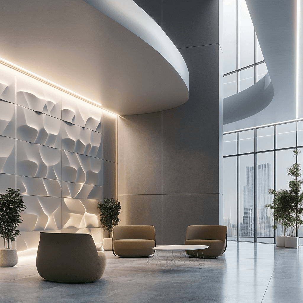 Moderne Trockenbau und Wandgestaltung in Wellenform und LED Beleuchtung