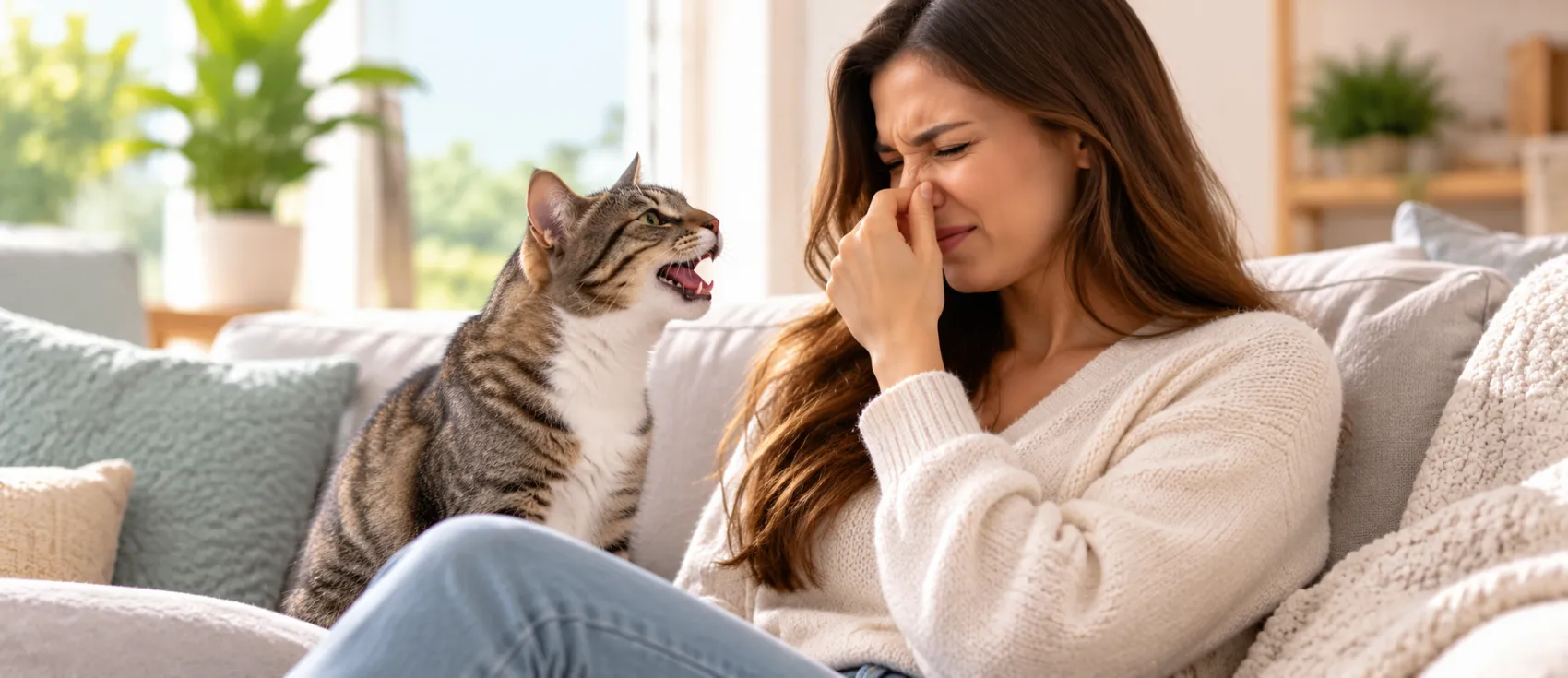 Woman pinching her nose while her cat with an open mouth sits beside her on the couch, a sign of bad breath