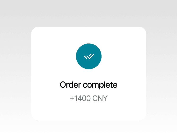 Order complete confirmation with a check mark icon and +1400 CNY text. Payment successful.