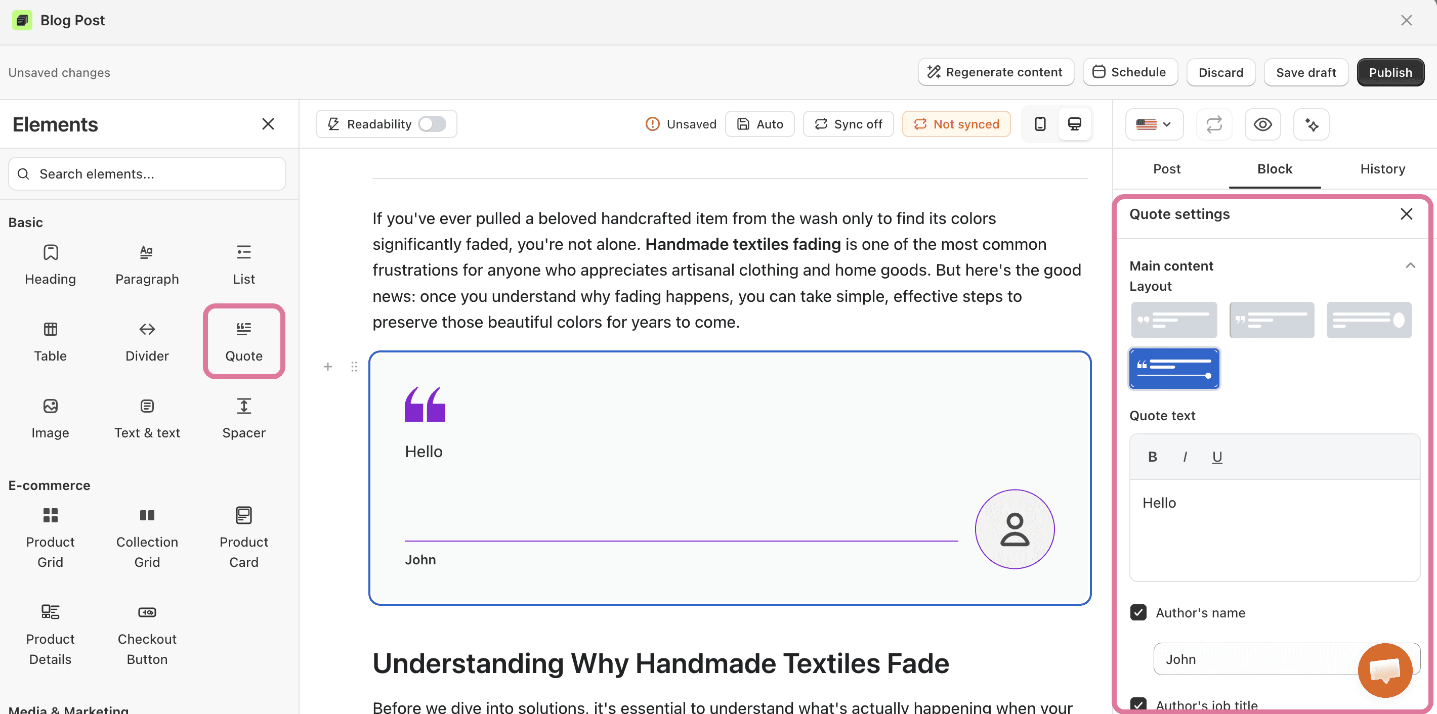 how to add quote element to shopify blog