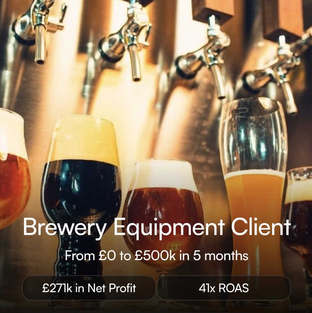 Row of draft beer taps with various beer glasses showing marketing results for Brewery Equipment Client: £0 to £500k in 5 months, £271k net profit, and 41x ROAS