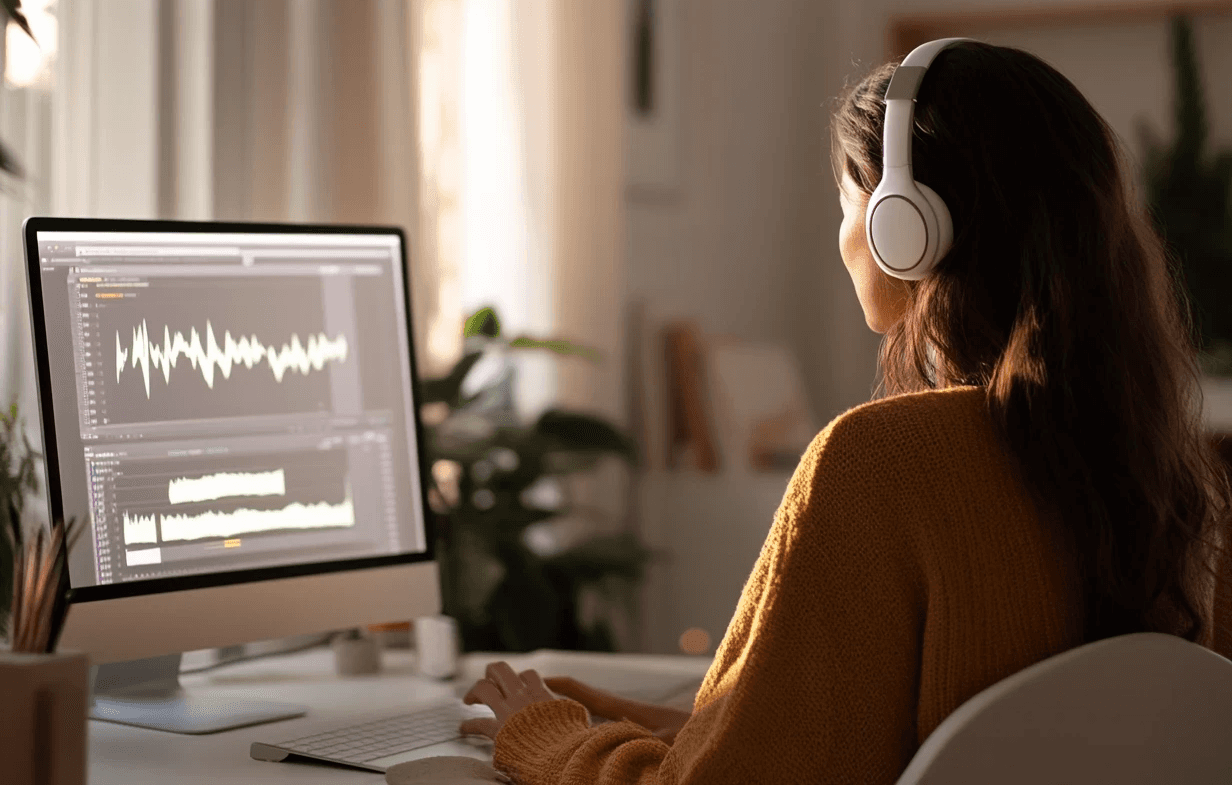Woman edits audio waveforms on computer -Dubbing AI 