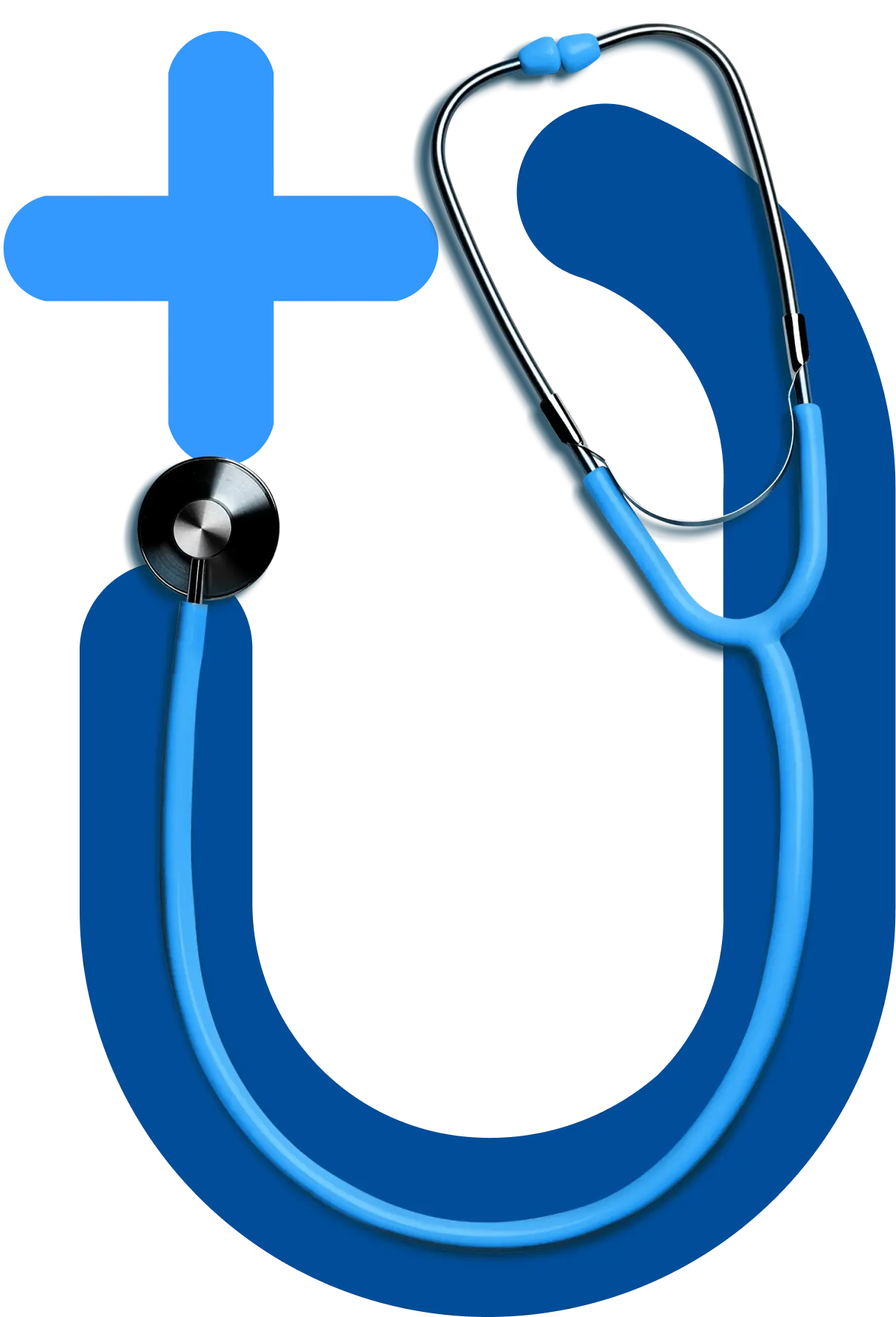 Ein blaues Stethoskop hat die Form eines „U“ mit einem blauen medizinischen Kreuzsymbol in der oberen linken Ecke vor einem weißen Hintergrund und symbolisiert medizinische Dienste, die von SOP Notaufnahme angeboten werden.