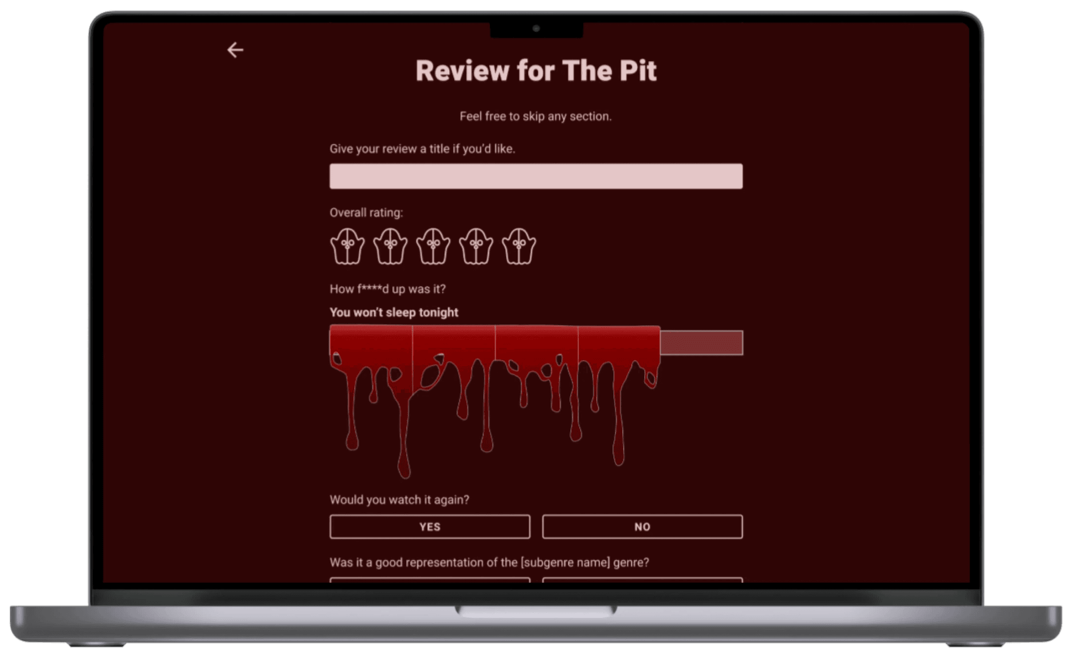 v2 desktop mockup with empty movie review form for "The Pit" movie