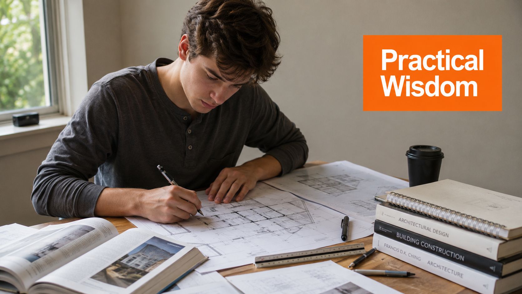 A focused architecture student working on detailed floor plan blueprints at a desk with reference books.