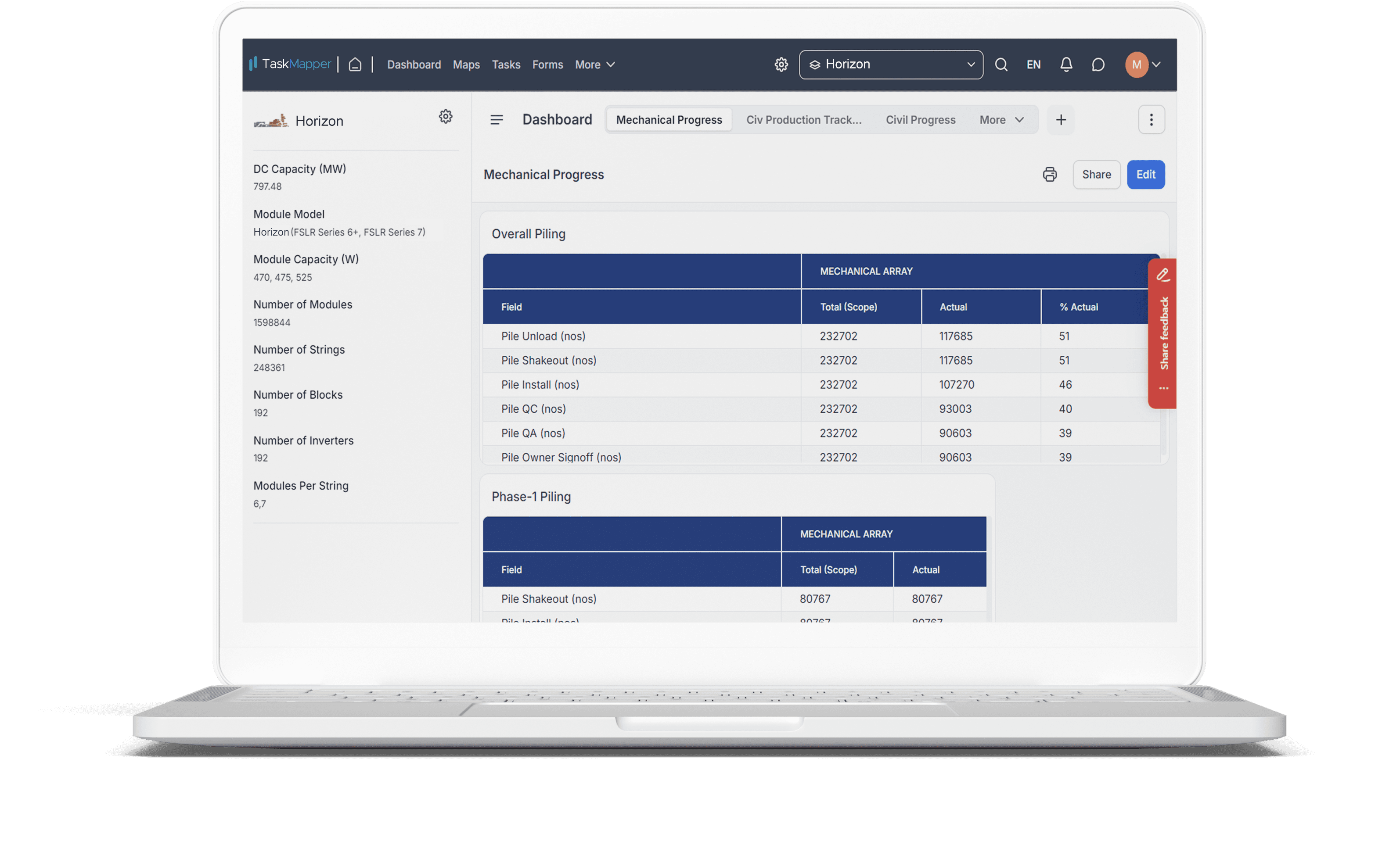 Configure dashboard on TaskMapper for quick view of civil work progress at your solar project construction site