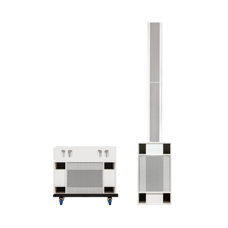 Two white speakers, one tall tower and one on wheels