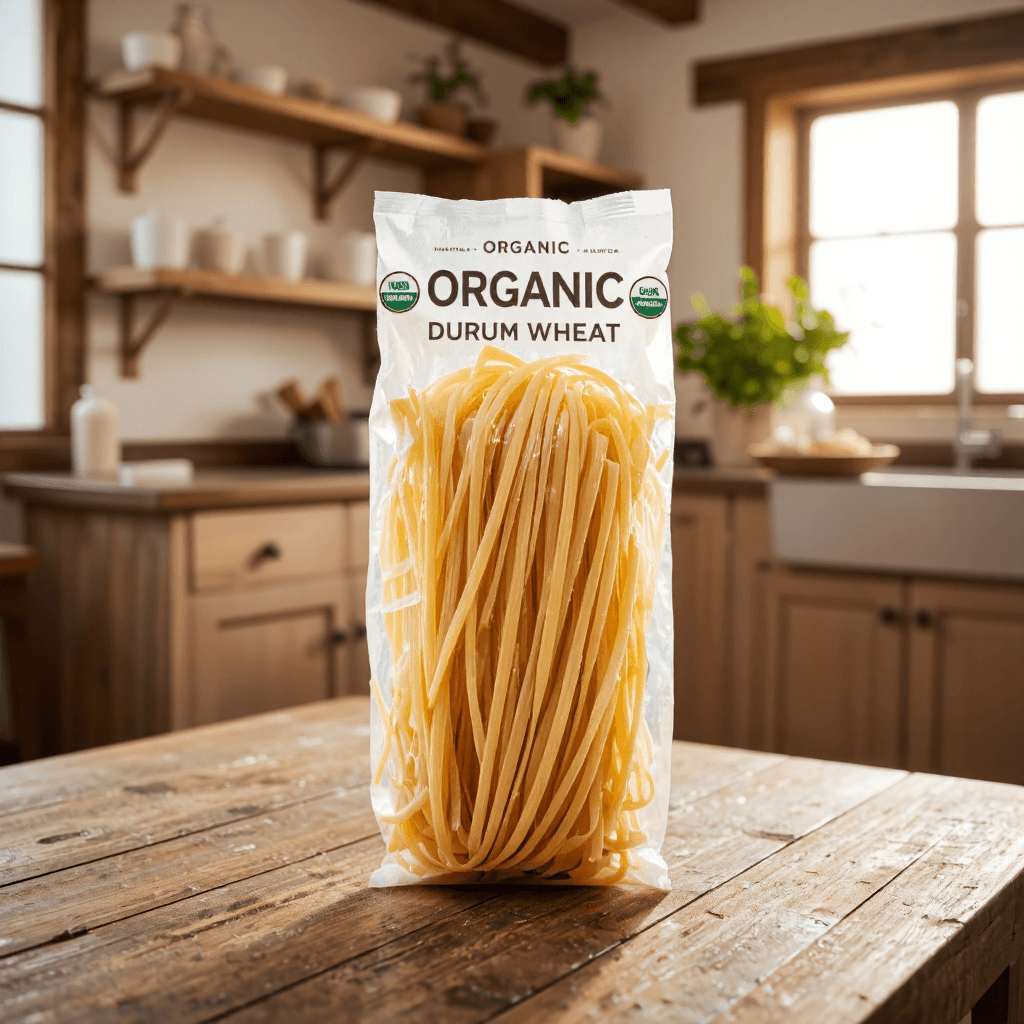 product photography of a package of organic durum wheat pasta