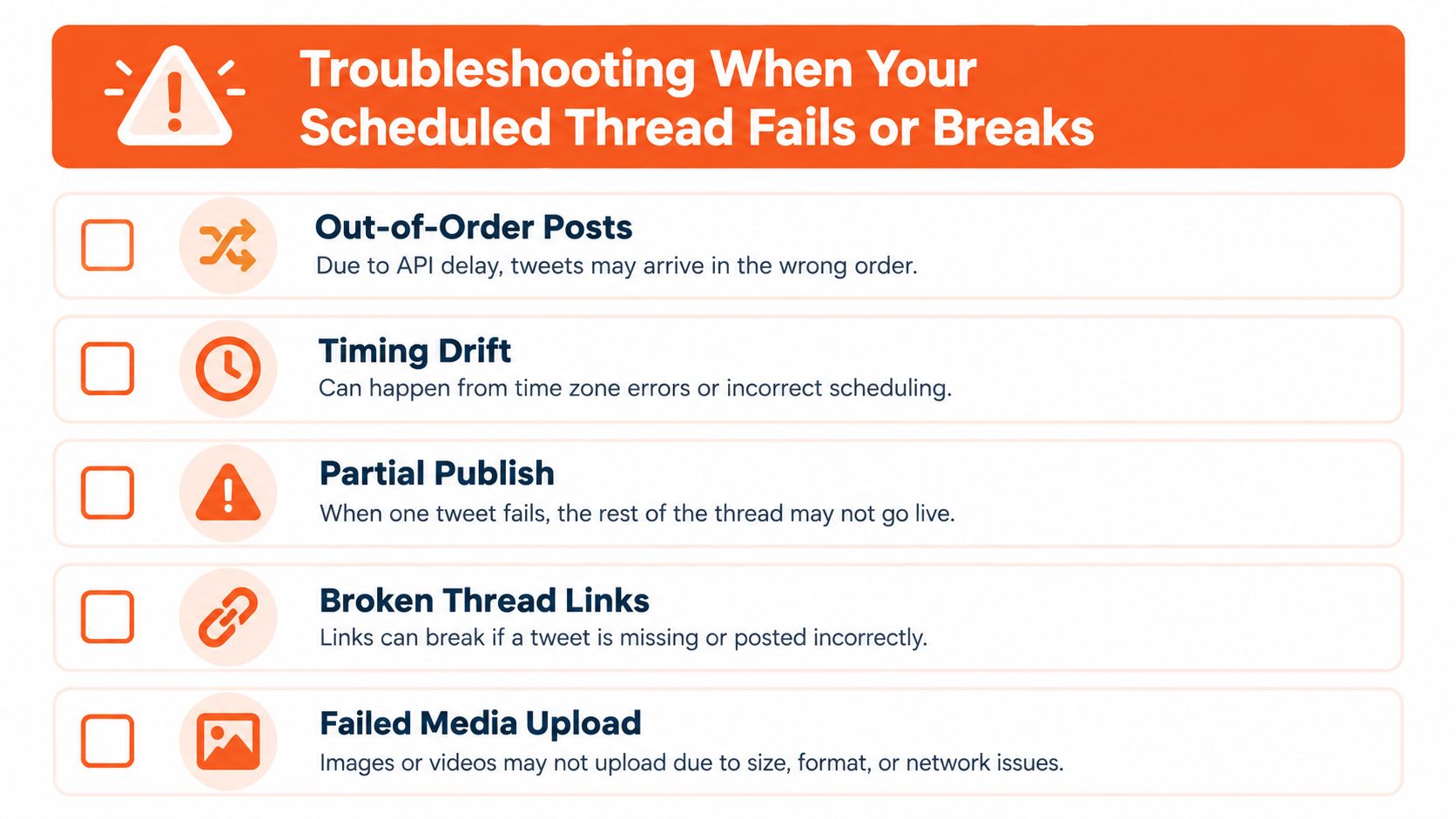 A list of five common issues that can cause a scheduled Twitter thread to fail or break.