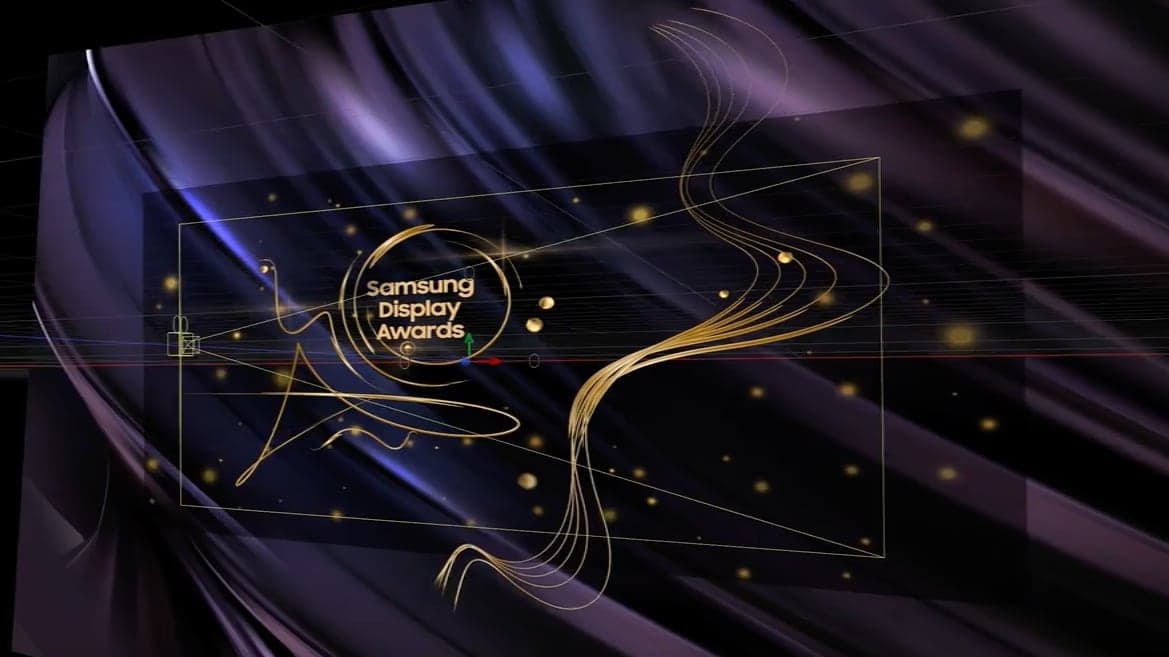 Premium motion design artwork created for Samsung Display Awards 2024, featuring elegant gold particle animations and flowing abstract lines across a large-format LED stage display by Abarel Luxury Studio