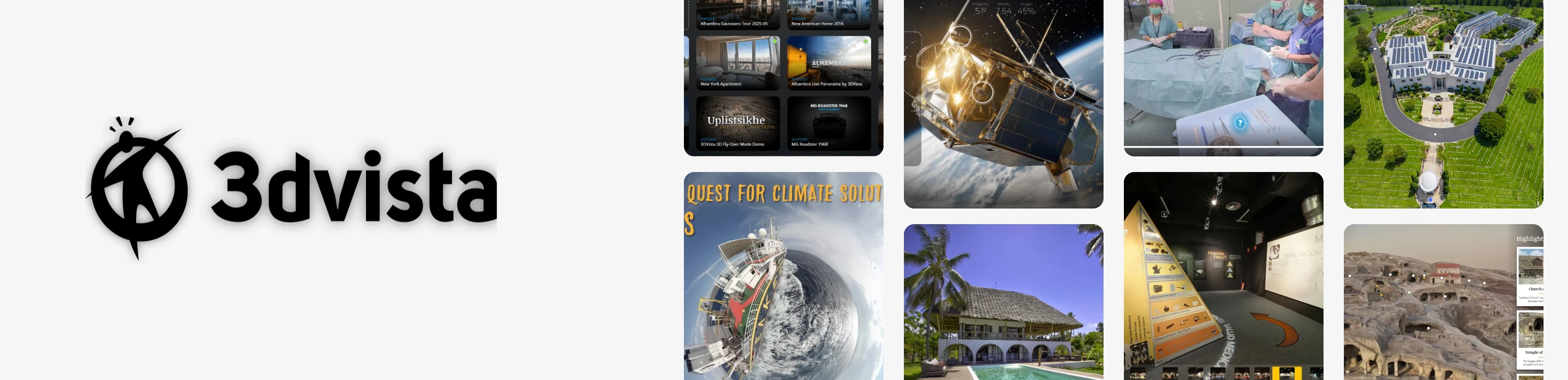 3DVista logo beside virtual tour interfaces and architectural, industrial and museum scenes.