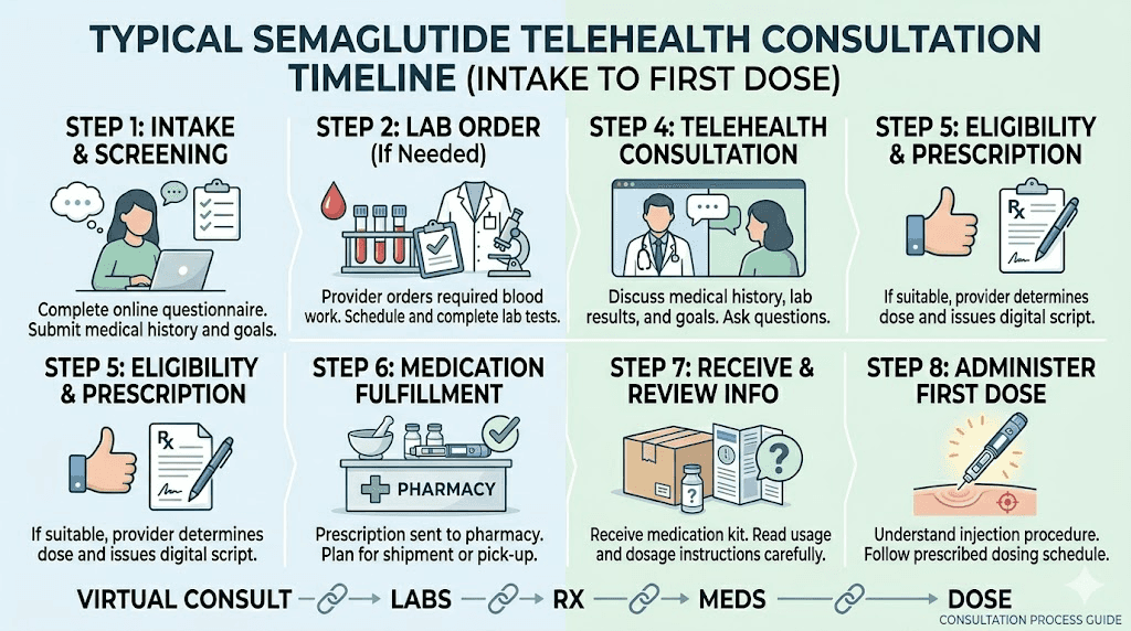 Step-by-step telehealth consultation process for starting semaglutide treatment