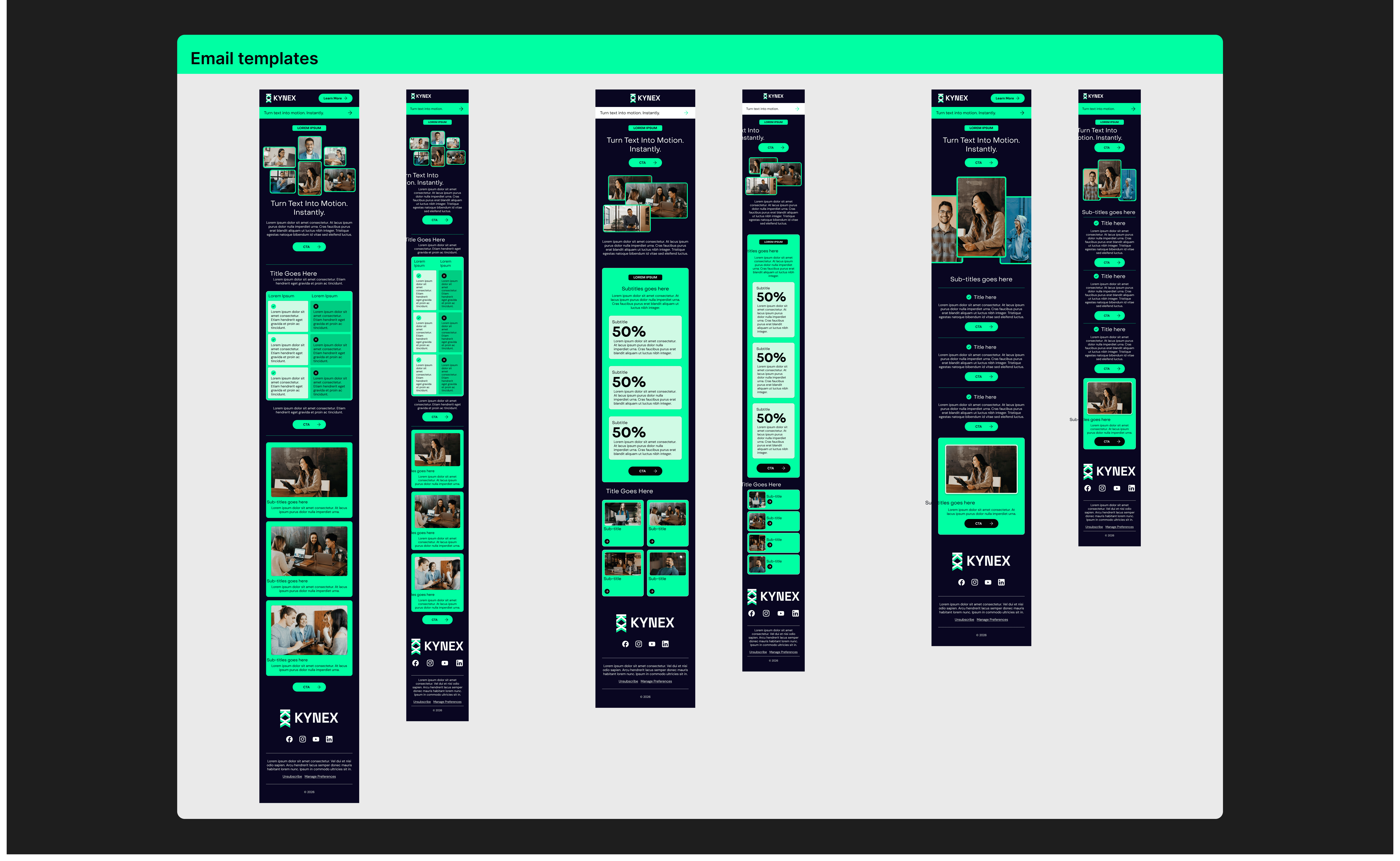 Three modular email templates displayed in desktop and mobile breakpoints, built using a shared design system.
