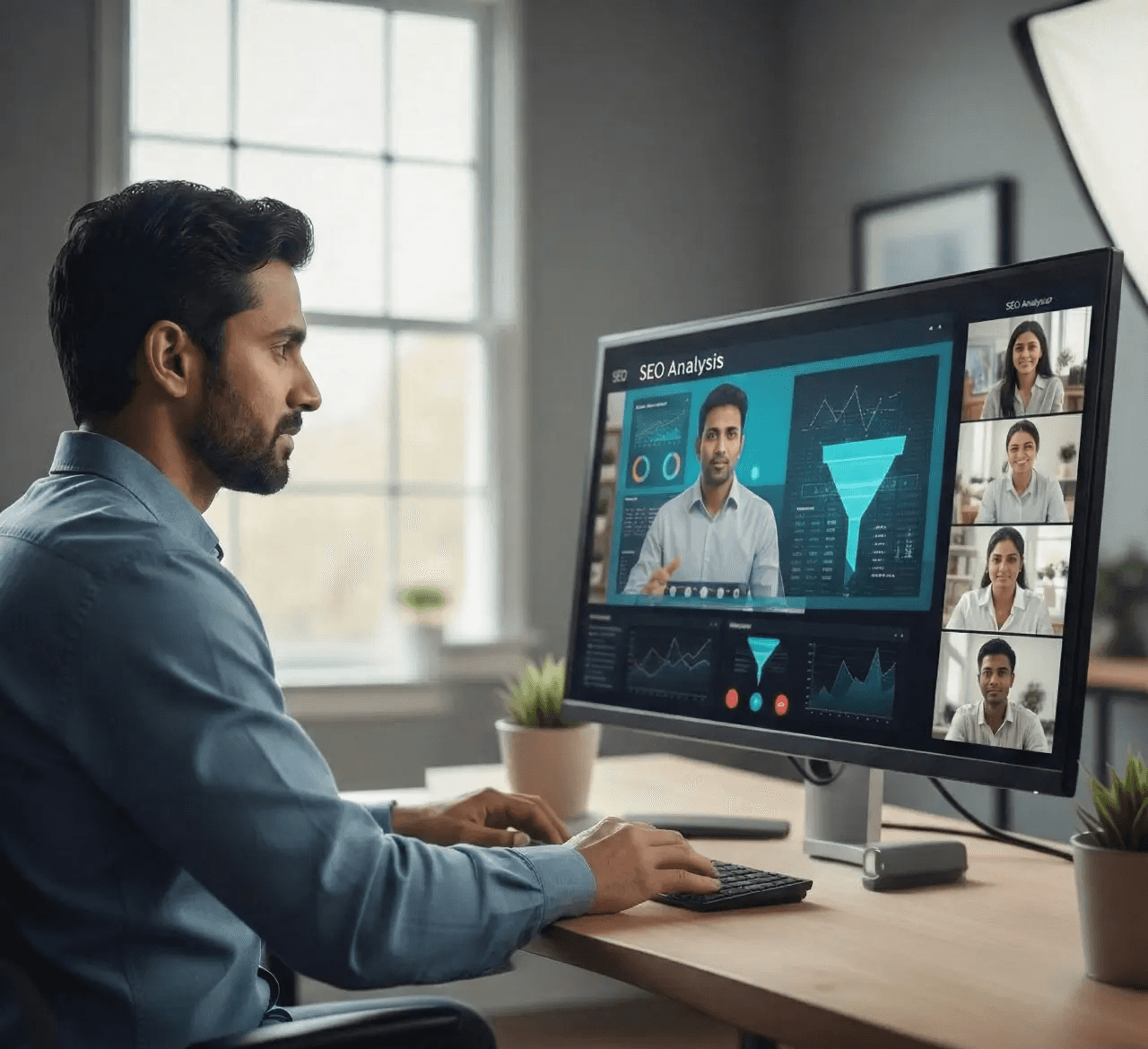 Live performance marketing training session showing instructor Mahendra R teaching SEO analysis and sales funnel strategy to students via video conference interface, demonstrating practical digital marketing mentorship and live guidance