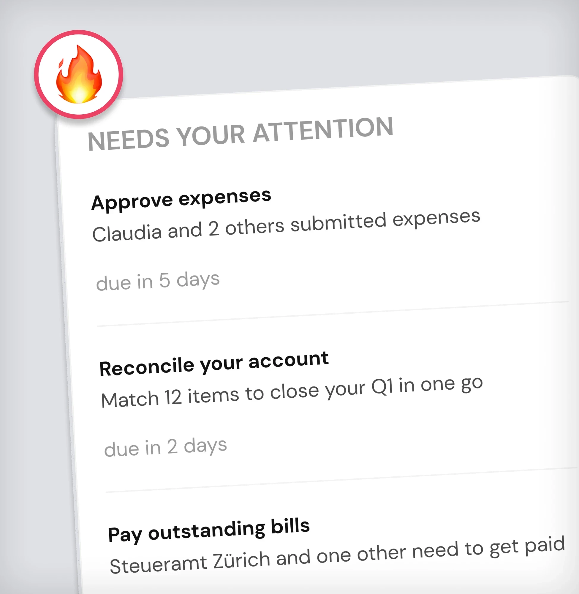Notification panel with flame icon highlighting urgent financial tasks: approving expenses, account reconciliation, and bill payments.