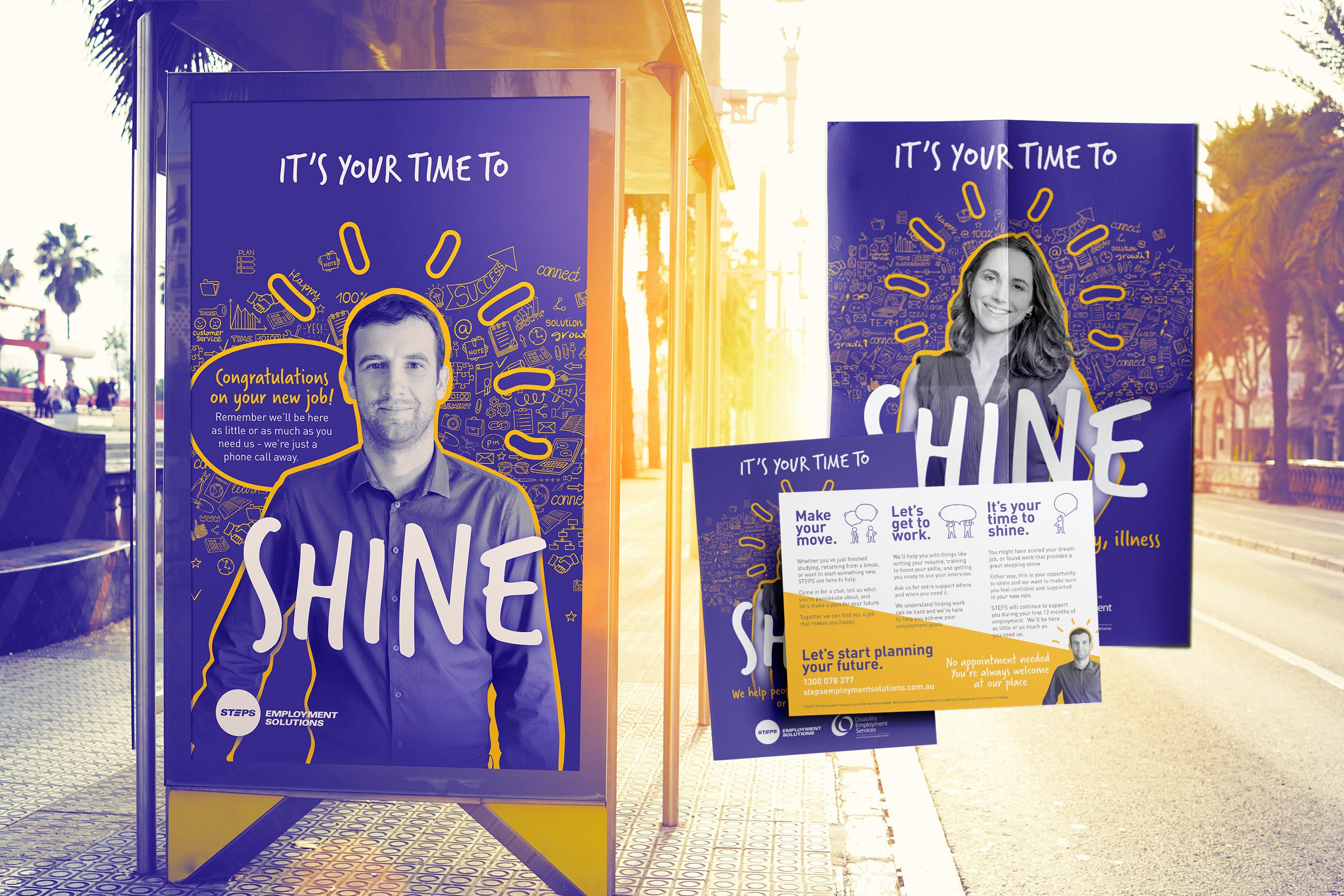 Promotional materials for job campaign including flyers, postcards, and posters