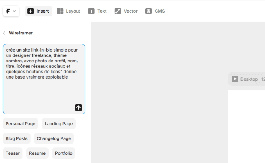 Rédiger un prompt dans Wireframer pour générer un site Framer