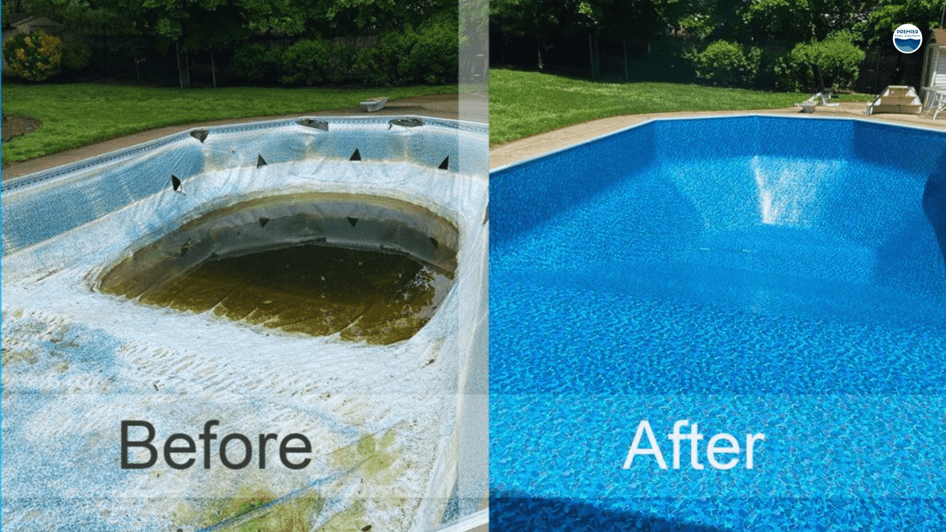 Pool liner replacement before and after showing cost to replace and improved pool appearance