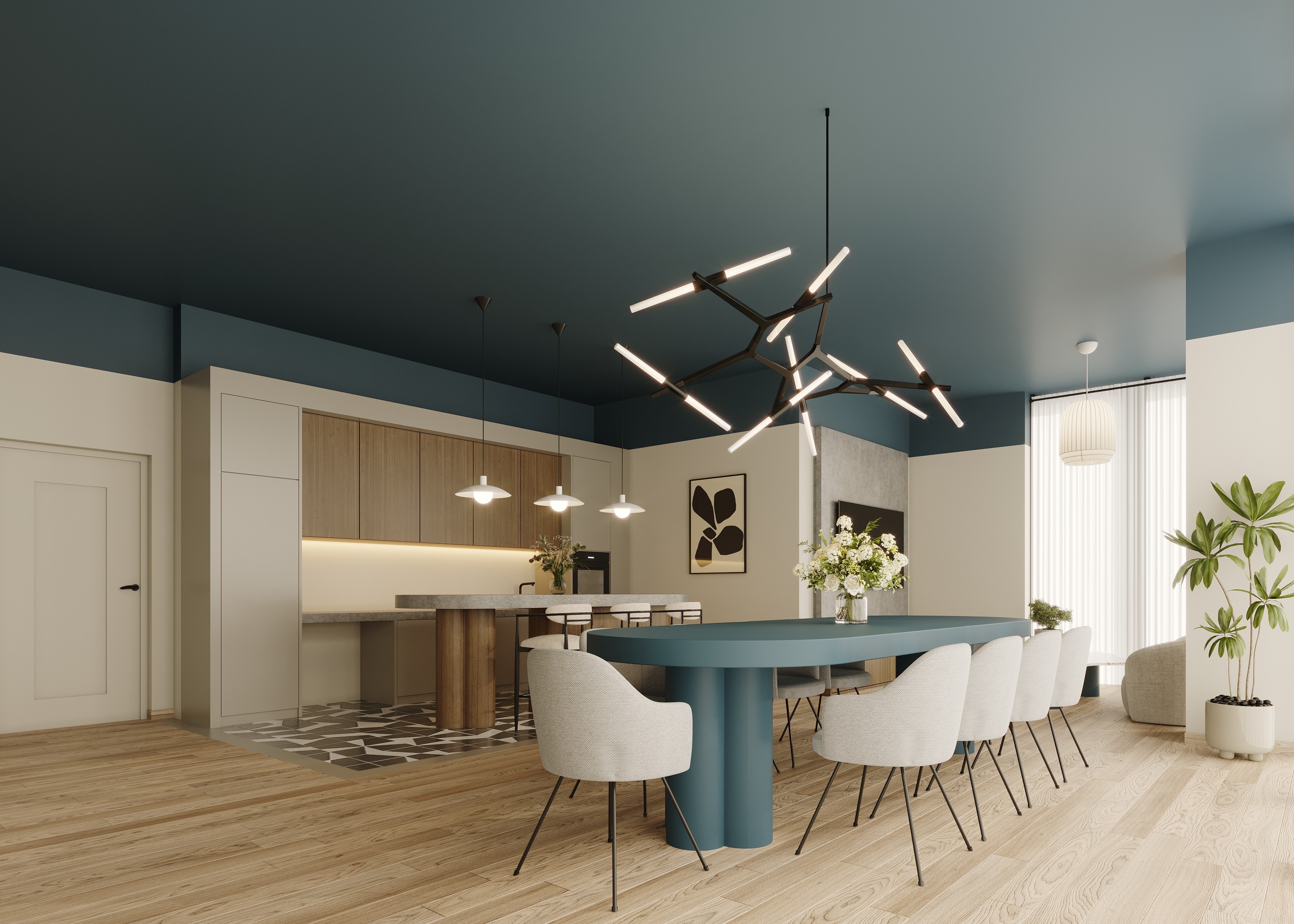 Residents' private dining room in PBSA amenity space with bespoke fitted kitchen and handmade table 