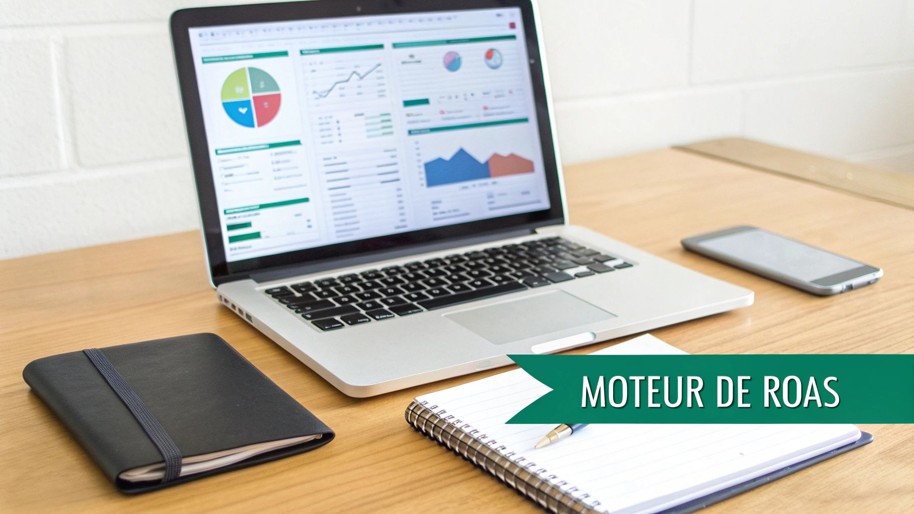 Ordinateur portable affichant des analyses de données, un smartphone et des cahiers sur un bureau en bois, avec