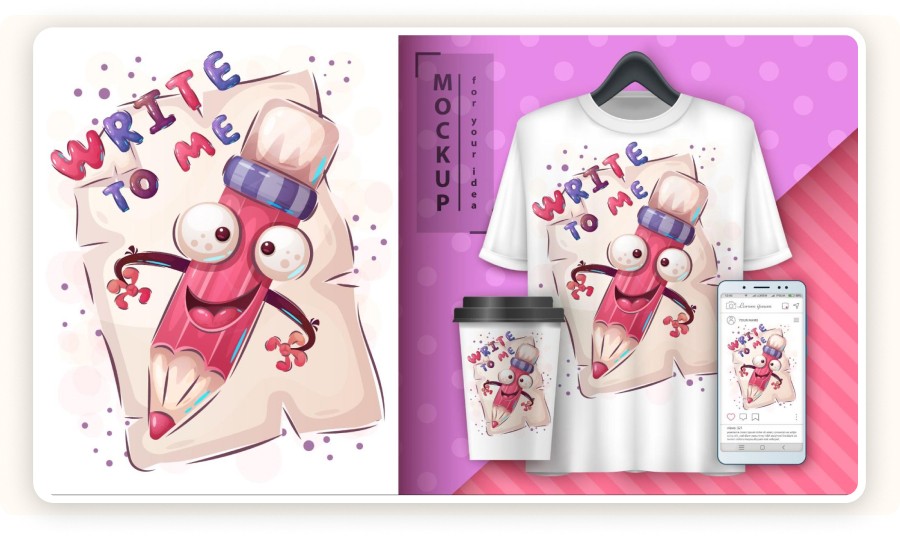 Mockup de produits Print on Demand personnalisés incluant un t-shirt, un gobelet à café, une affiche et un visuel Instagram, tous décorés d’un dessin cartoon humoristique de crayon avec le message “Write to me”.