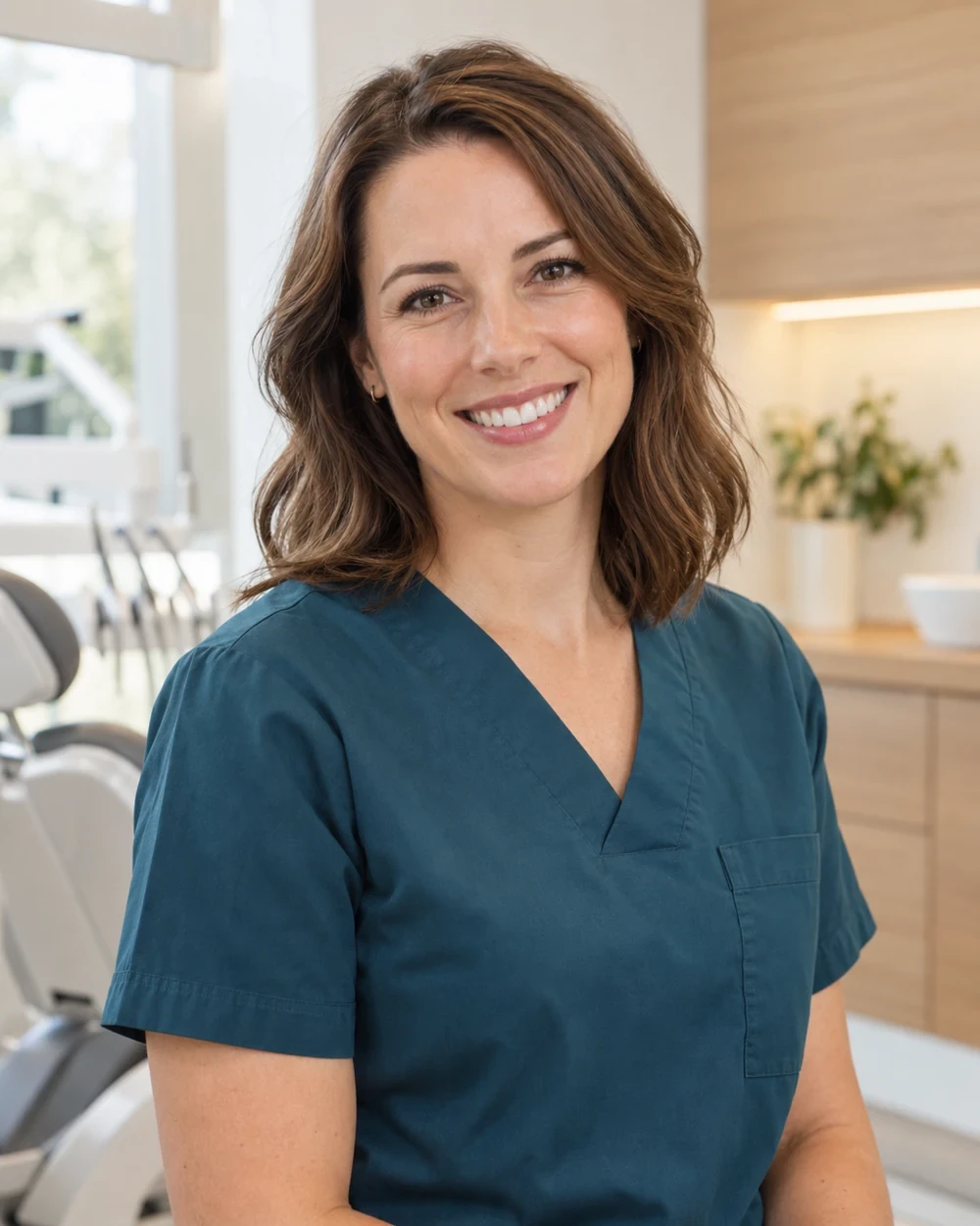 Portrait of a dentist in teal scrubs.