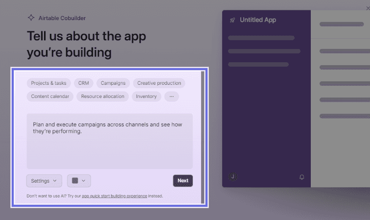 Airtable’s AI template which allows you to input custom prompot and build no-code applications.