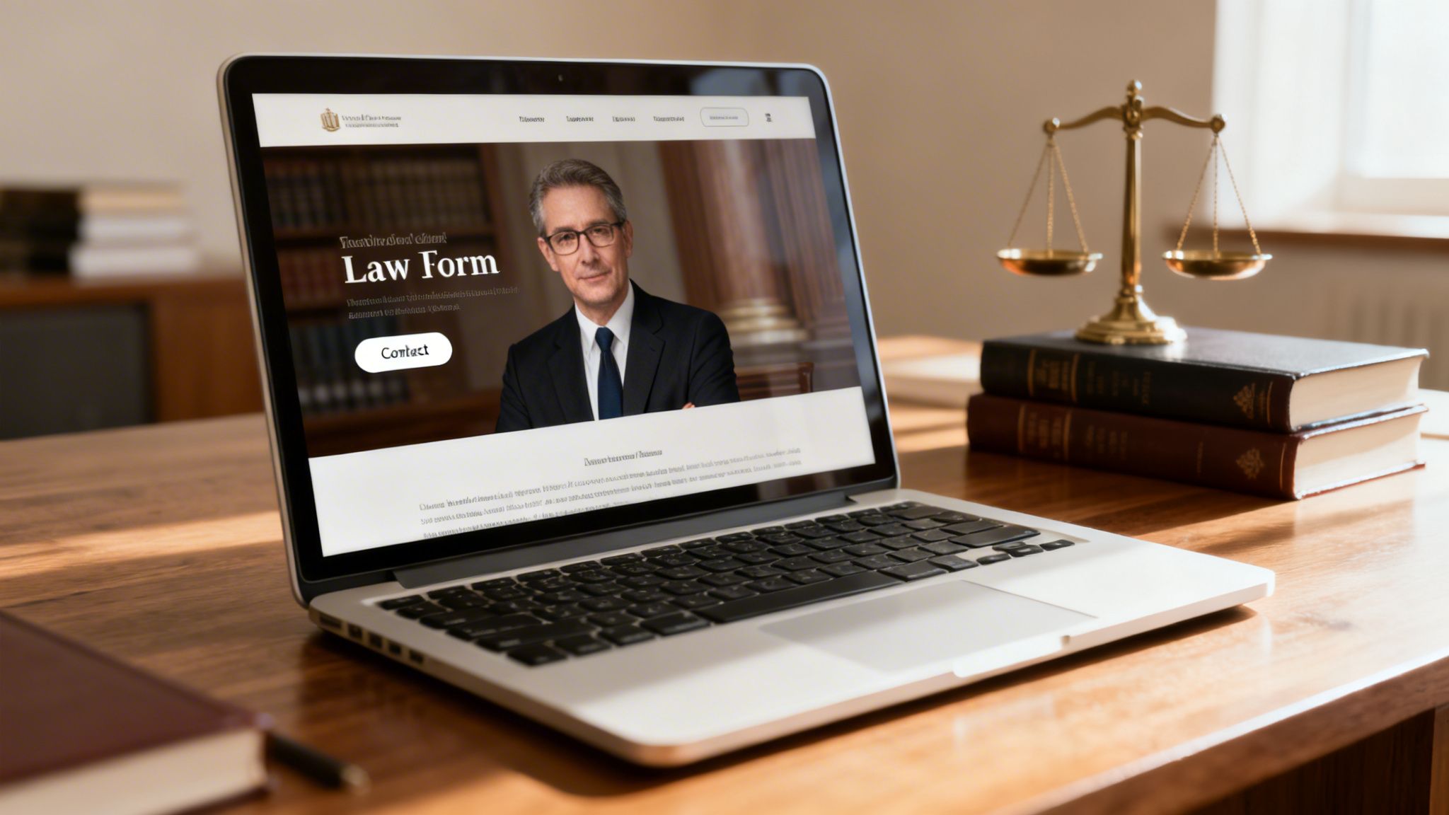 A laptop displaying a law firm website with a lawyer's photo, alongside scales of justice and law books on a wooden desk.