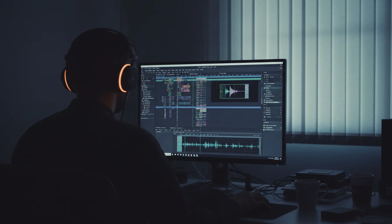 DSLR photograph from behind of a video editor, silhouetted in a dark room at a desk. The primary light source is a computer monitor displaying the Adobe Premiere Pro software interface, complete with a video timeline and a colorful waveform scope. The editor wears headphones, with one earpiece casting a distinct warm orange glow. To the right, soft, cool light filters through vertical window blinds, creating a moody, low-key atmosphere with cinematic contrast. The image has a desaturated, cool-toned color palette and a subtle film grain texture.