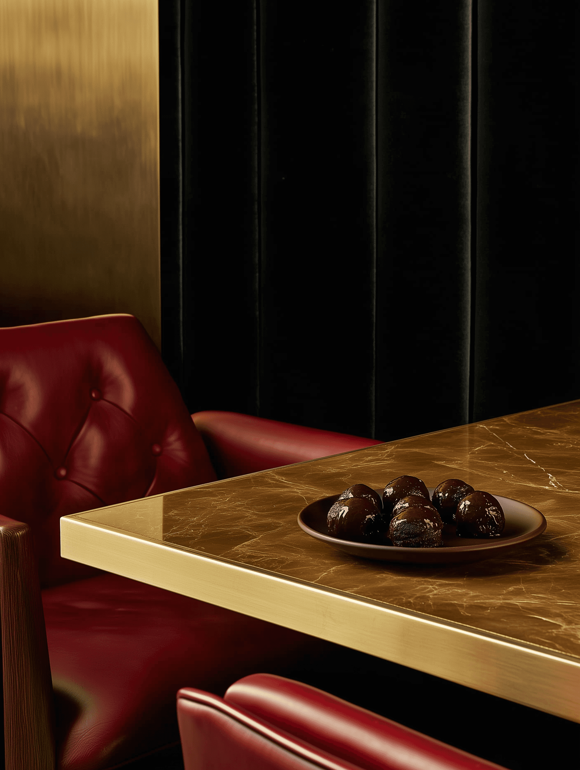 Close-up photograph of an empty table with red leather chairs and golden wood. On the table is a ceramic plate containing six small dark brown ice cream scoops, with golden wood and black velvet walls