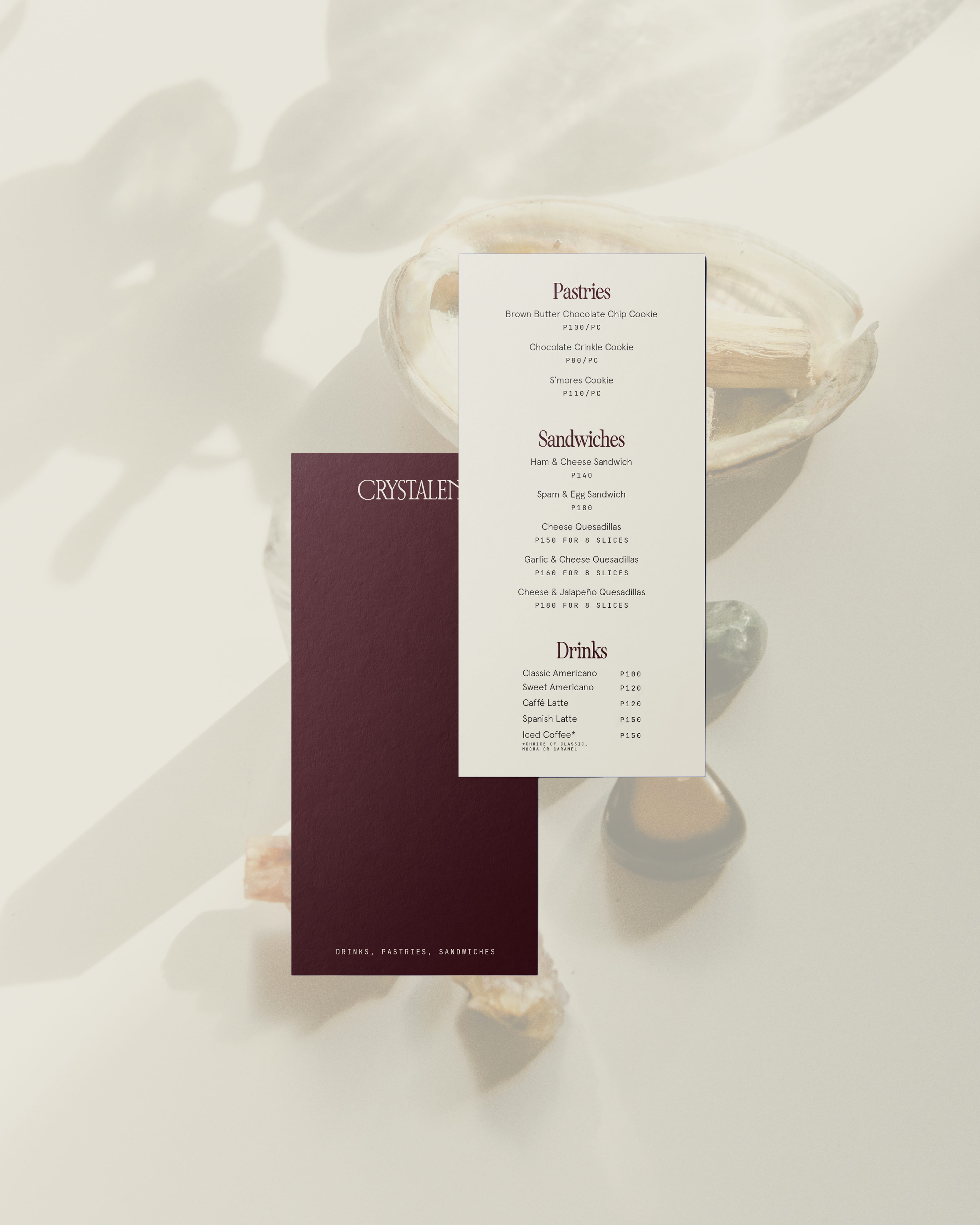 Branding, visual identity, packaging and logo design for crystal shop and coffee café in Makati, Philippines