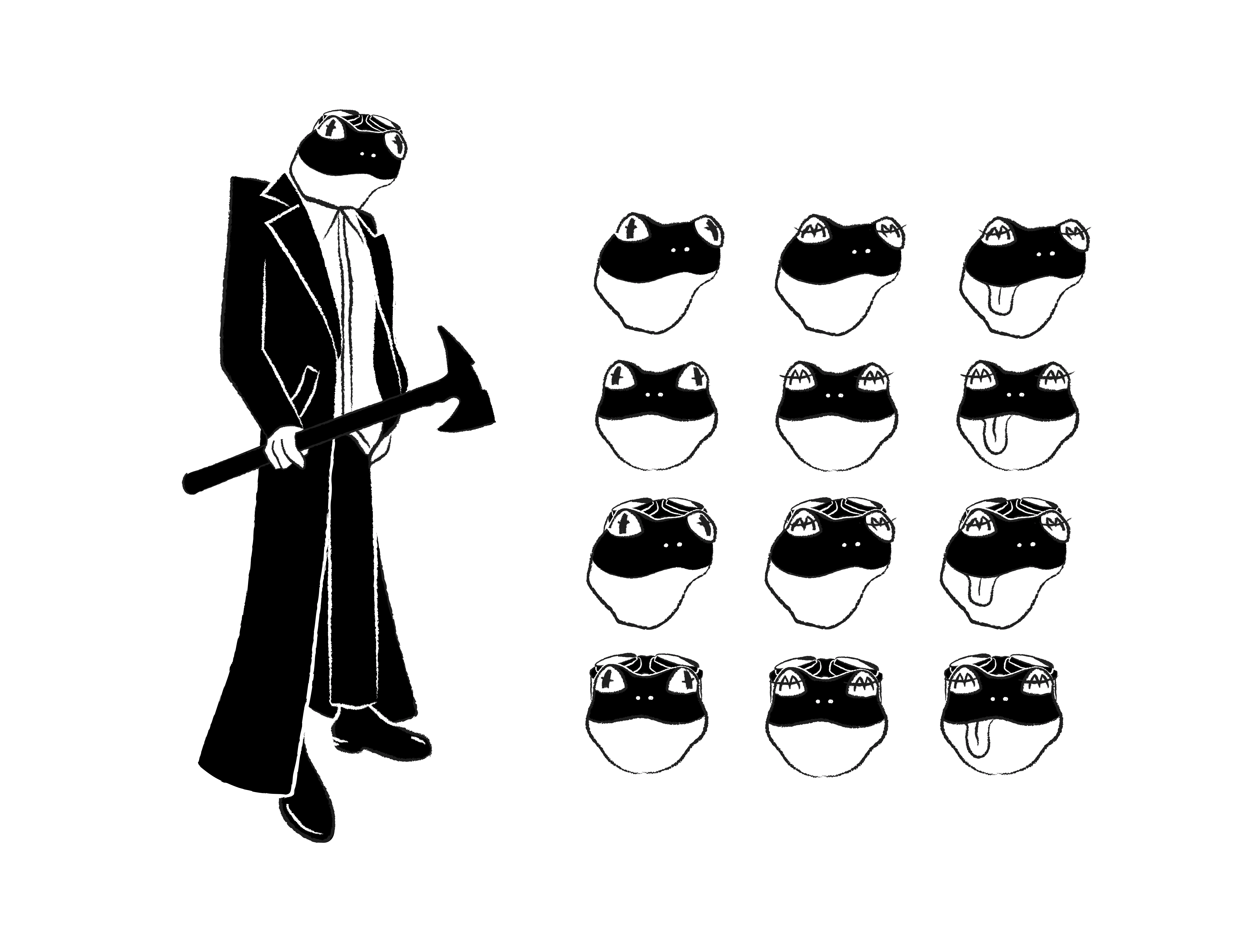 Illustrations of character design for Maggie Miles character "Phib", a frog. Black coloring, 1 full body illustration of frog in trenchcoat with axe. right side showcases 4 rows of character head explorations showing various Phib expressions.