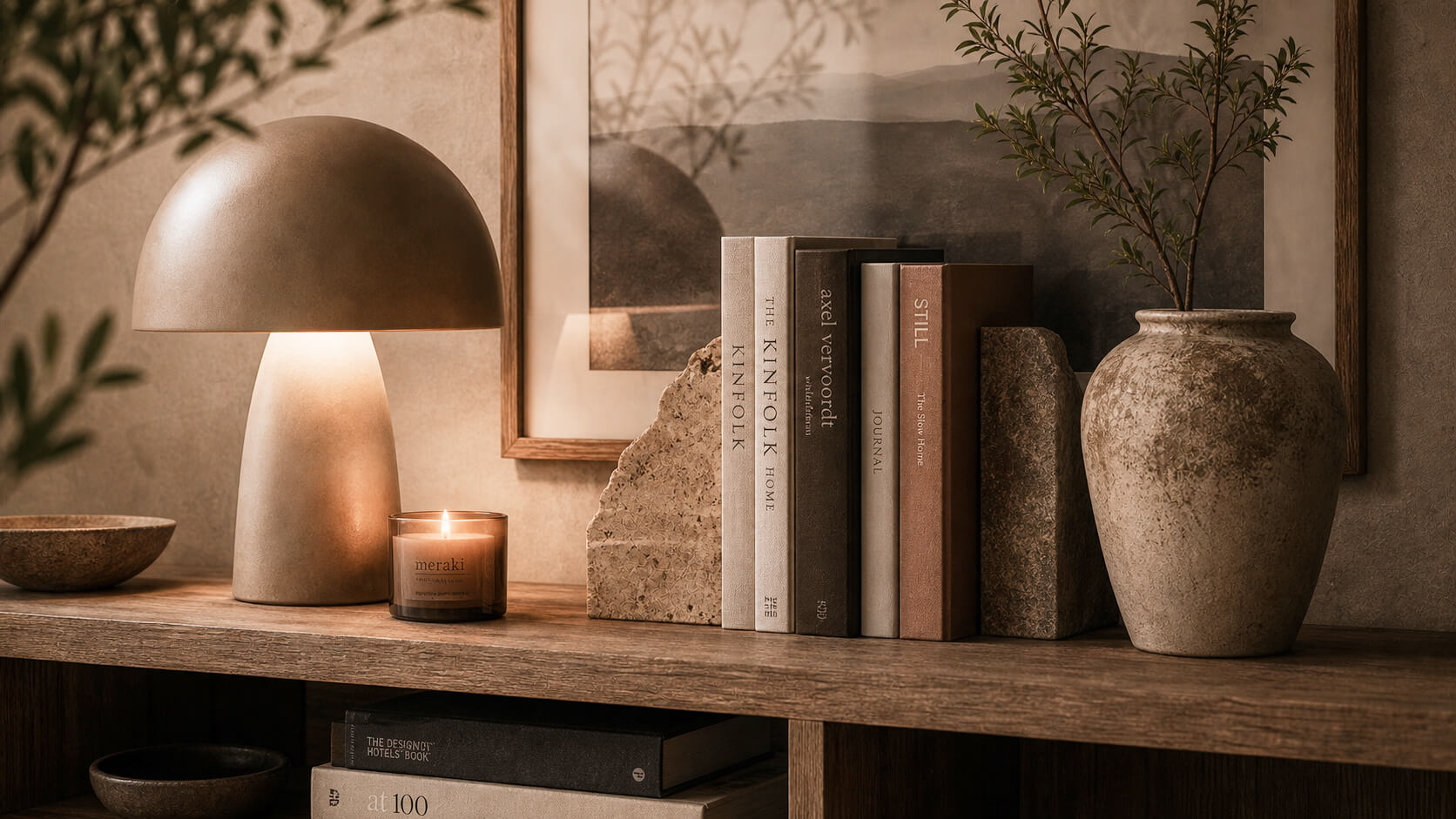 Table lamp, books and a vase on a wooden console