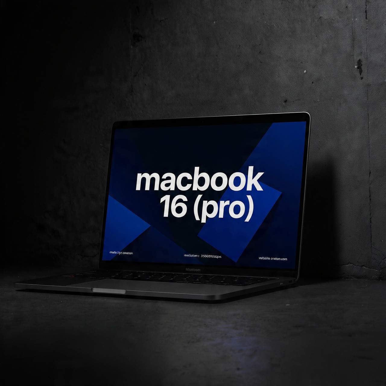 MacBook 16 Pro mockup on a dark concrete floor.