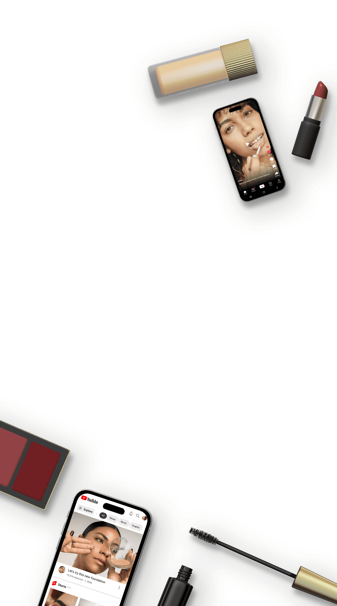 Reelviews hero image — beauty products and smartphones showing creator reviews, representing a video-native comparison engine for foundations, mascaras, lipsticks and skincare