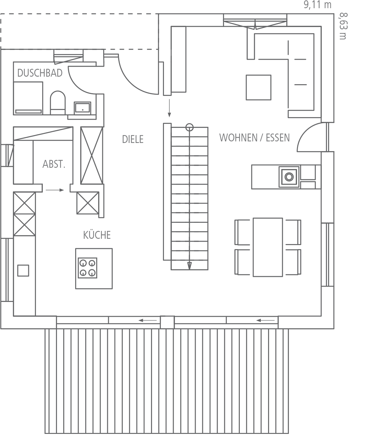 Grundriss zweier Geschosse mit Küche, Duschbad, Diele, Wohn-/Essbereich und Treppenhaus.