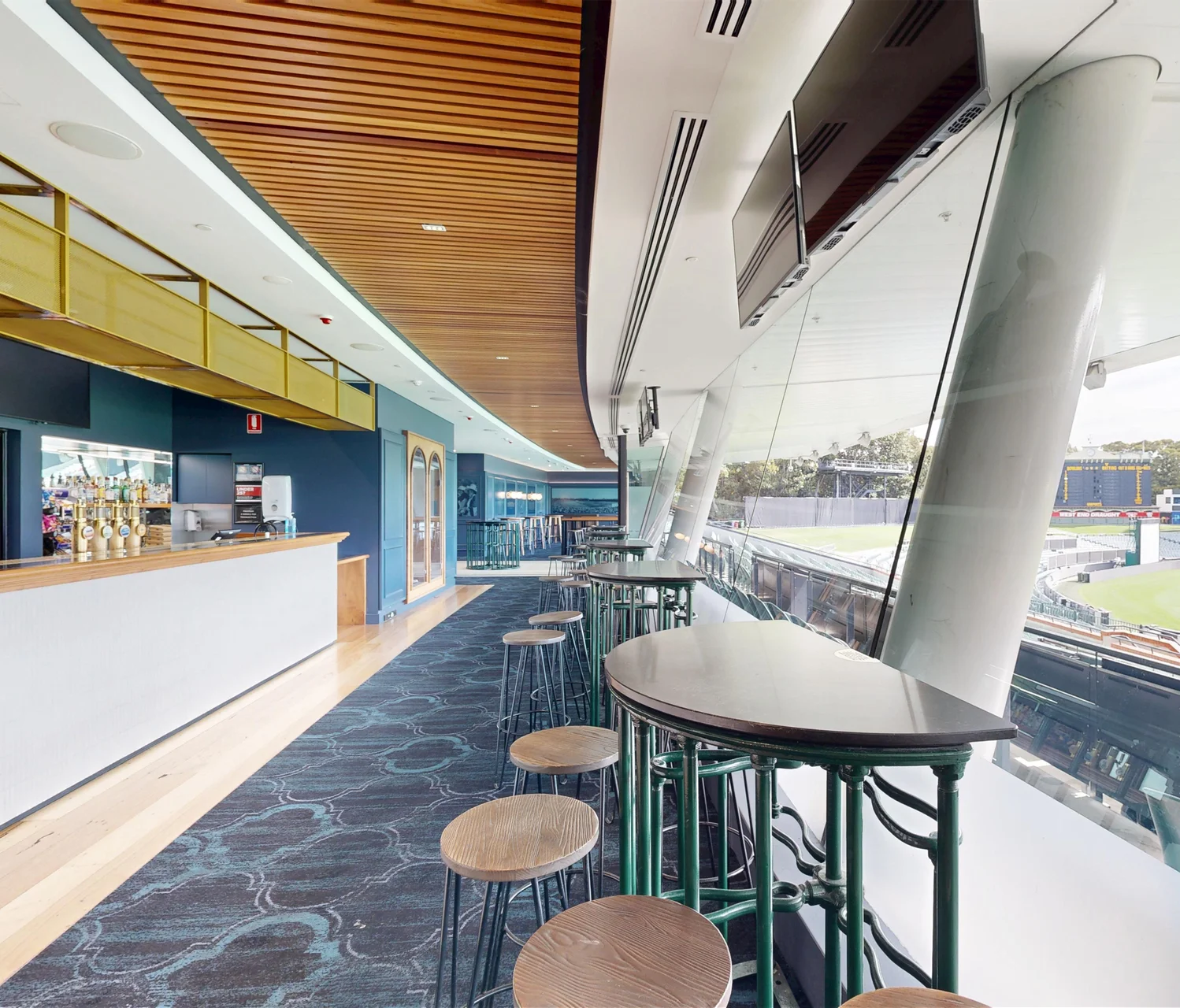 A sweeping view of the premium Bodyline Bar facility inside the Adelaide Oval, captured as a commercial 3D digital twin by ABM visual.