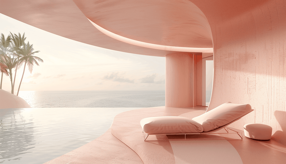 Alt tex Modern pink terrace with lounge chair, infinity pool, and ocean sunset view.
