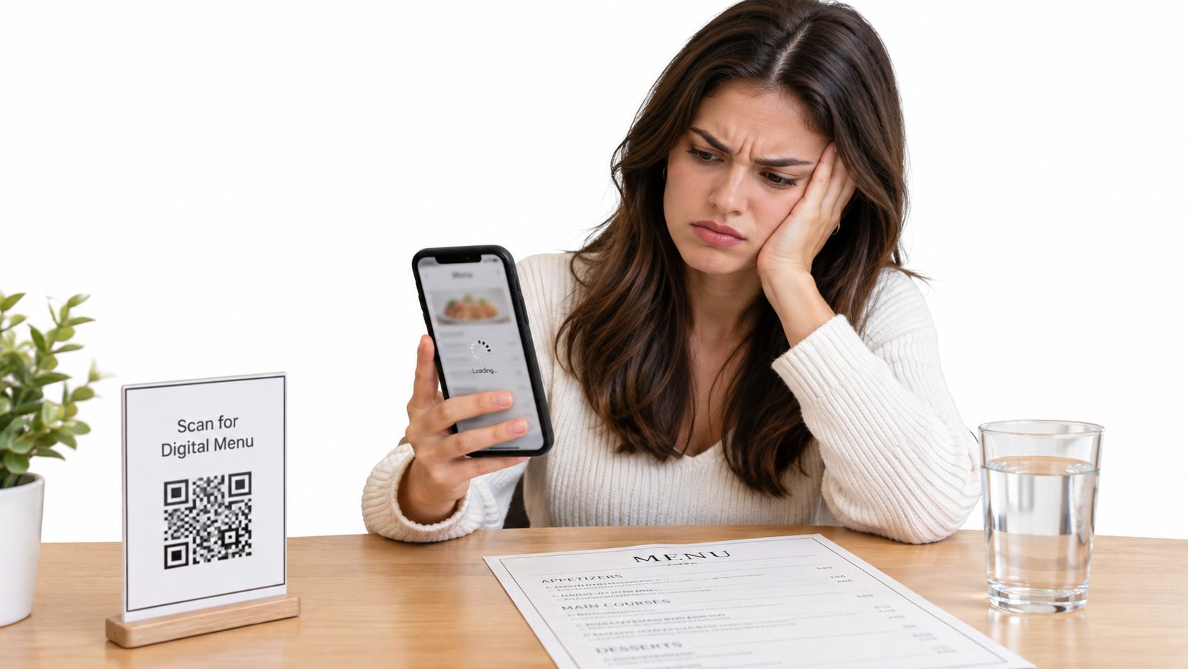 Mujer frustrada mirando un menú digital que carga lentamente en su teléfono móvil en un restaurante.