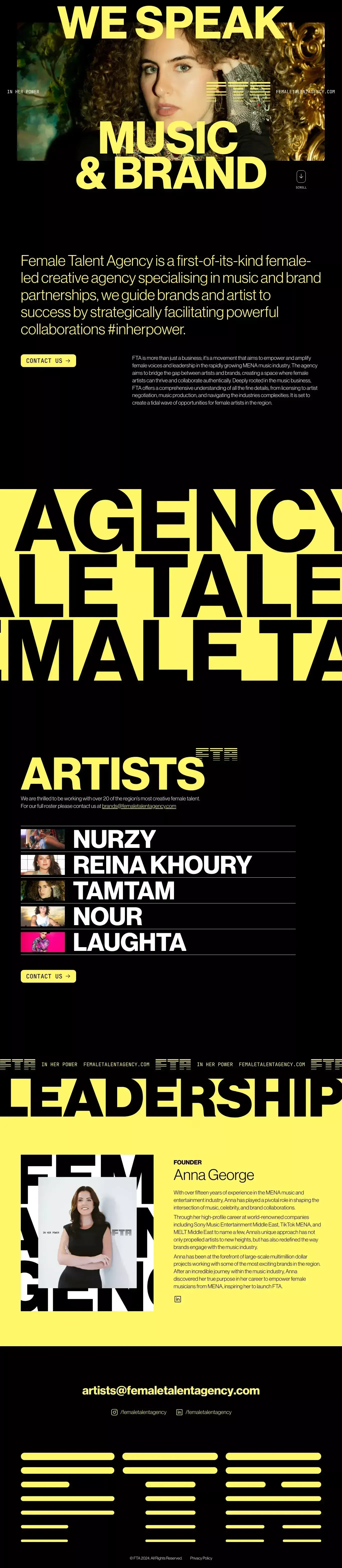 FTA – Female Talent Agency, specialising landing page screenshot showcasing Music design