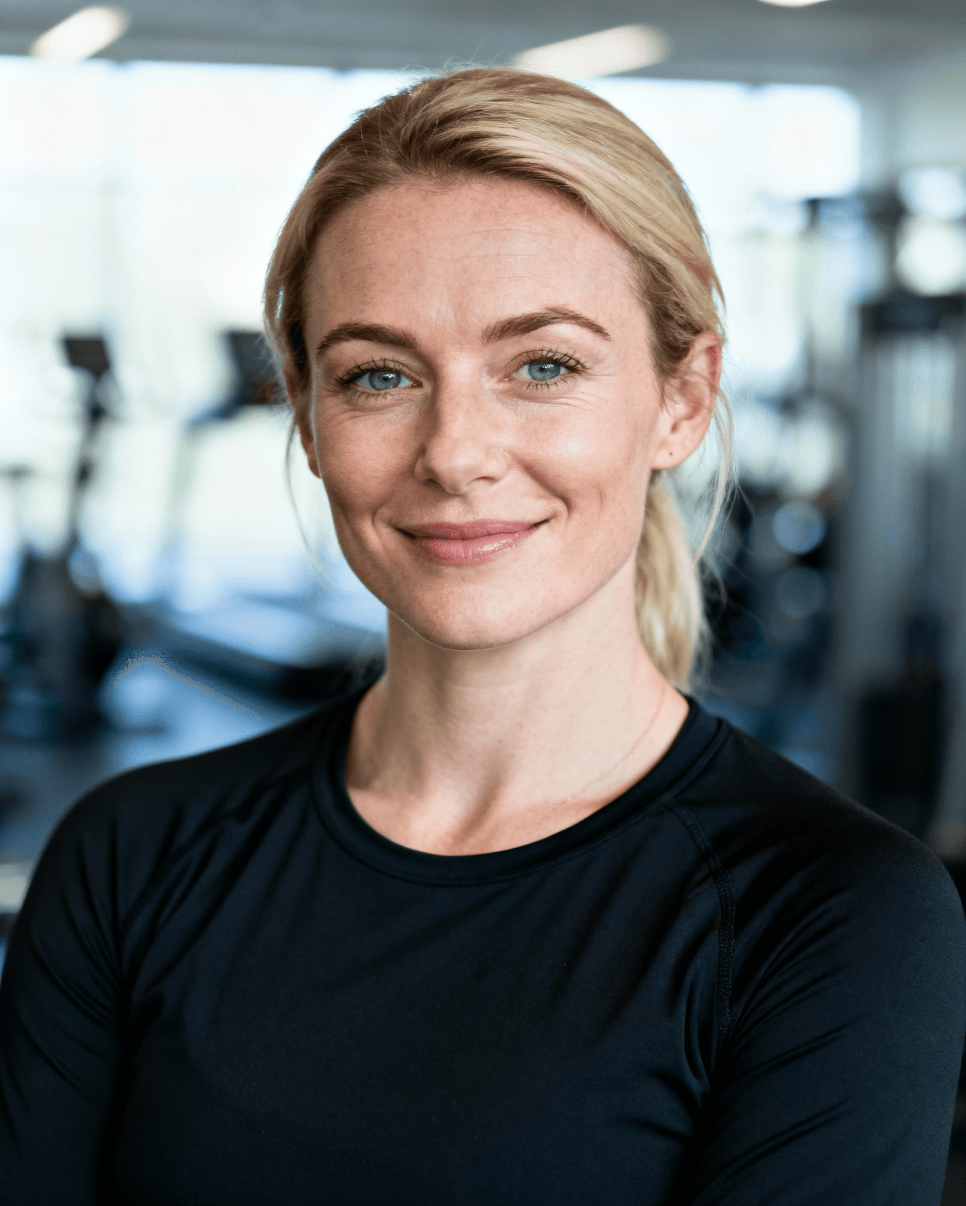 Confident blonde woman in sportswear posing in a modern gym with arms crossed and soft natural lighting.