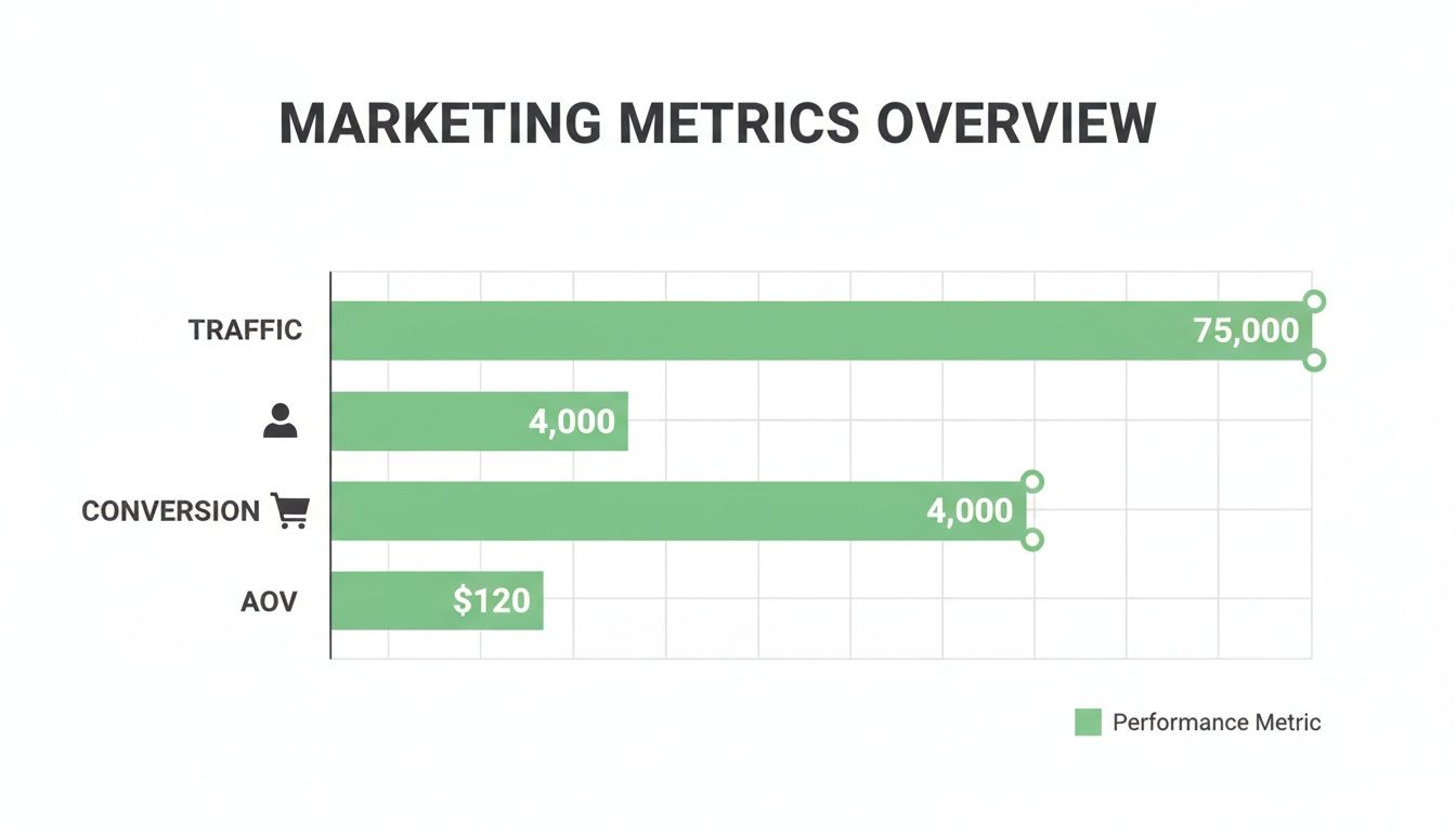 Horizontal bar chart displaying marketing metrics: traffic, leads, conversions, and average order value.