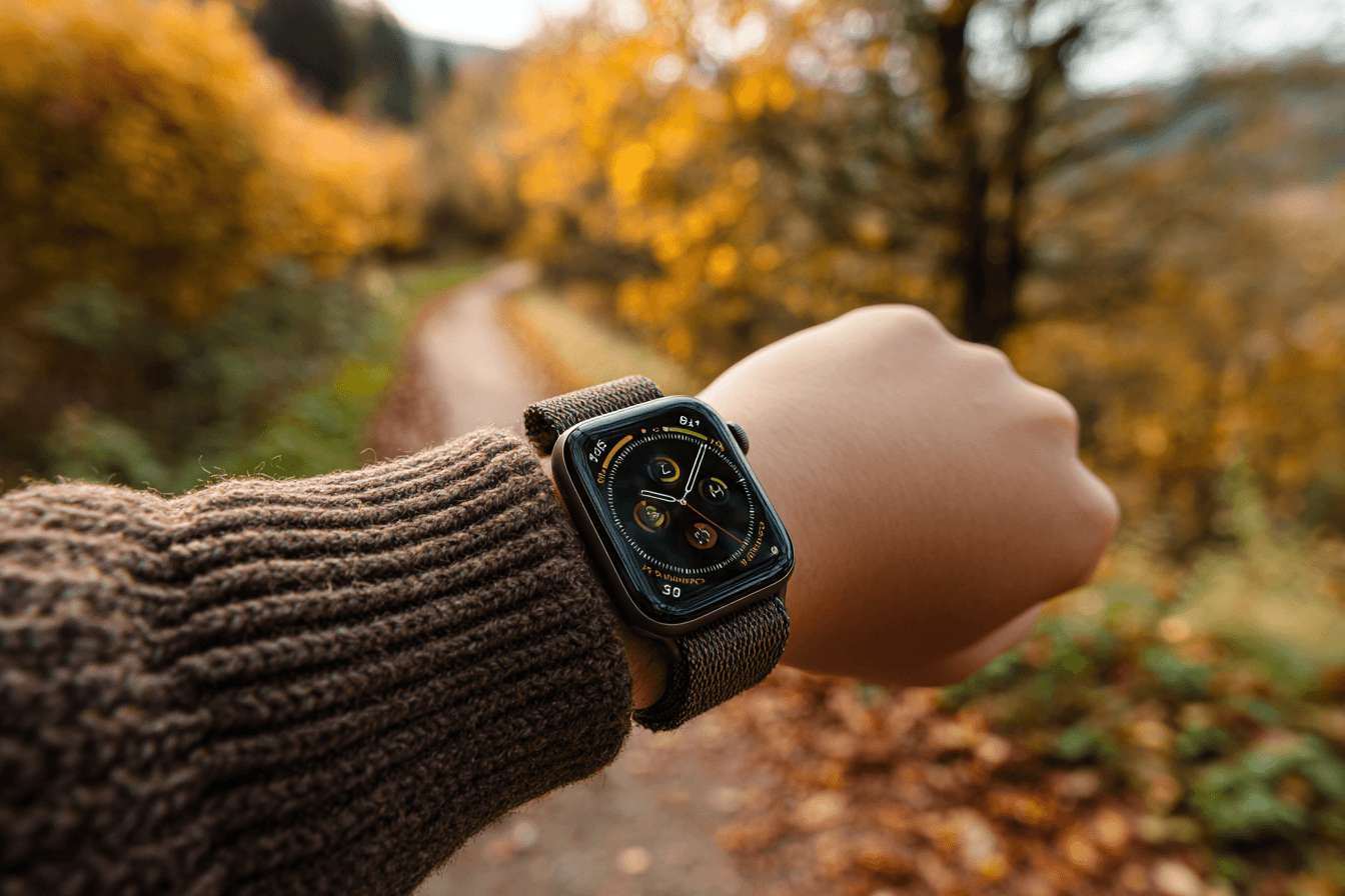 Man in brown knit sweater wears stylish apple watch with autumn foliage background
