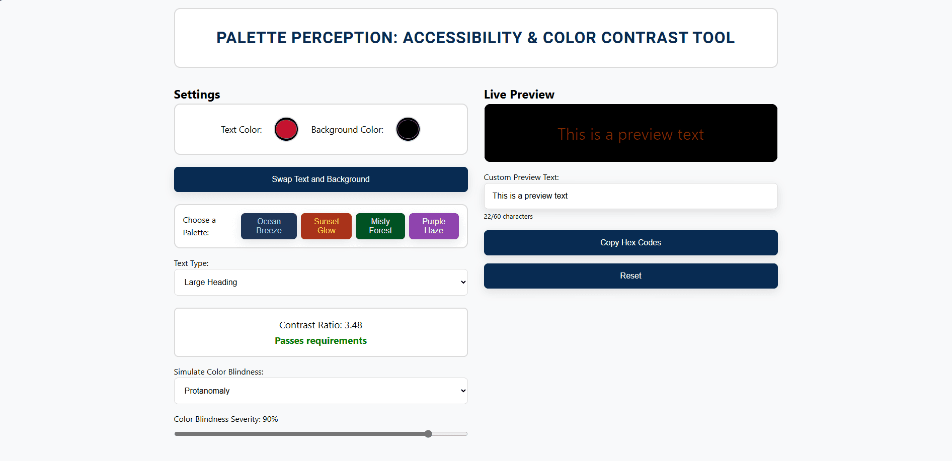 Palette Perception platform with live preview using: Carnegie Red for text color, black for background color, large heading text size, and simulation of protanomaly with 80% severity