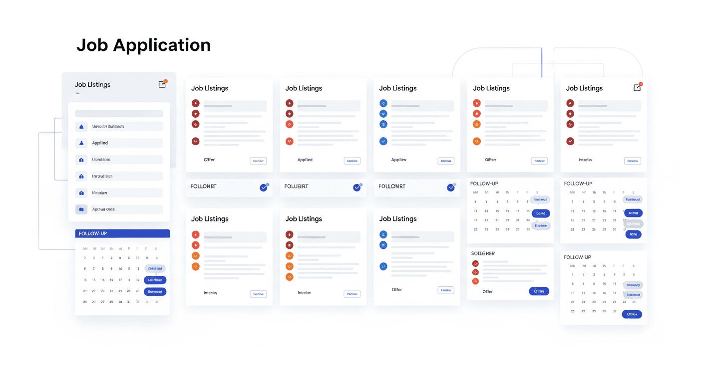 A clean, professional illustration showing job application organization and tracking: a dashboard or workspace view with multiple job listings organized in columns or rows, status indicators showing different stages (applied, interview, offer), calendar elements showing follow-up dates, and visual elements representing tracking progress. Modern, minimalist design style with professional blues, grays, and accents. No text, words, or letters in the image.