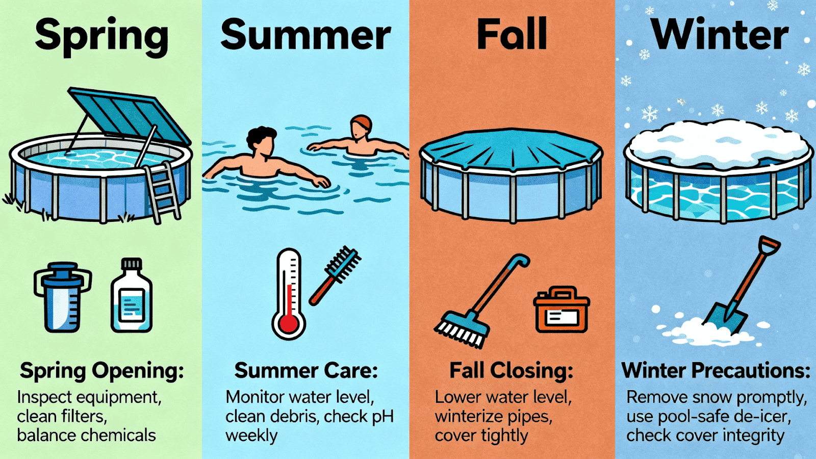 Seasonal maintenance checklist for Ohio shipping container pools with deck, including spring cleaning and winter protection