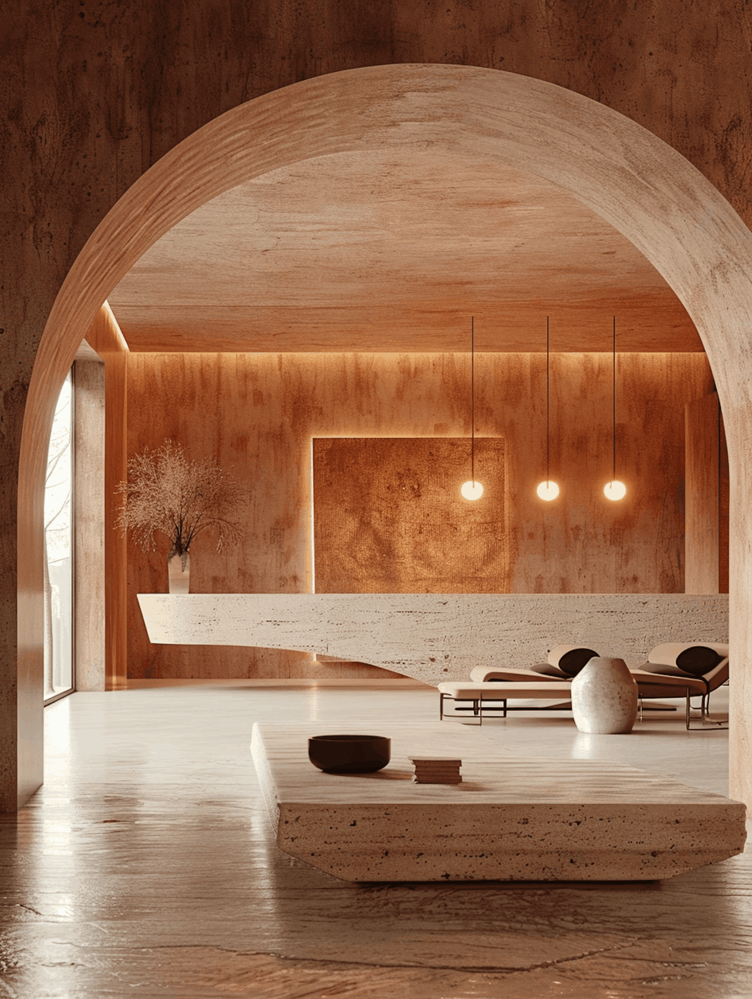 Stylish modern lobby with earthy tones, archways, and minimalist decor.