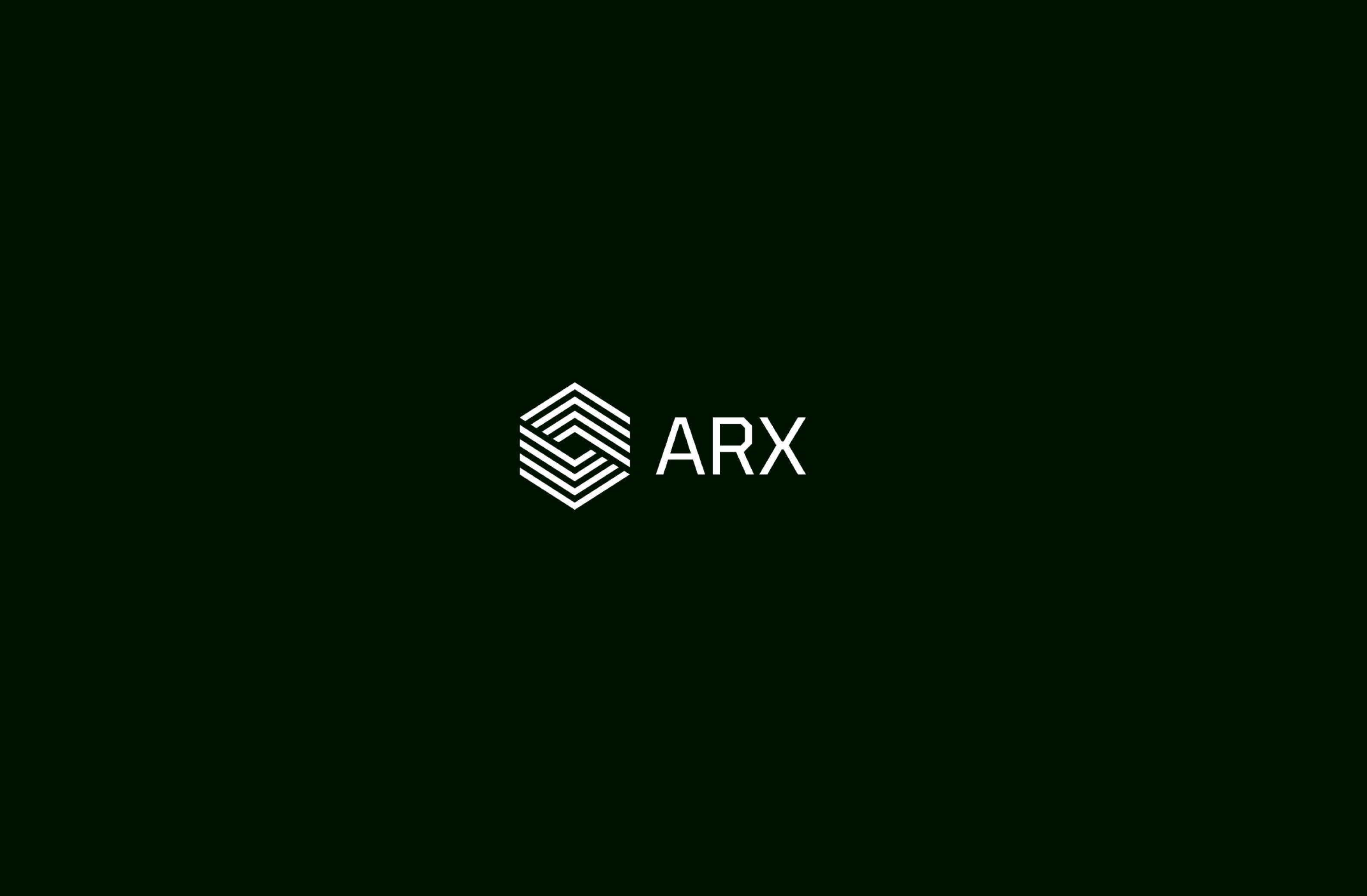 Logo design for ARX featuring modern geometric shapes on a dark green background.